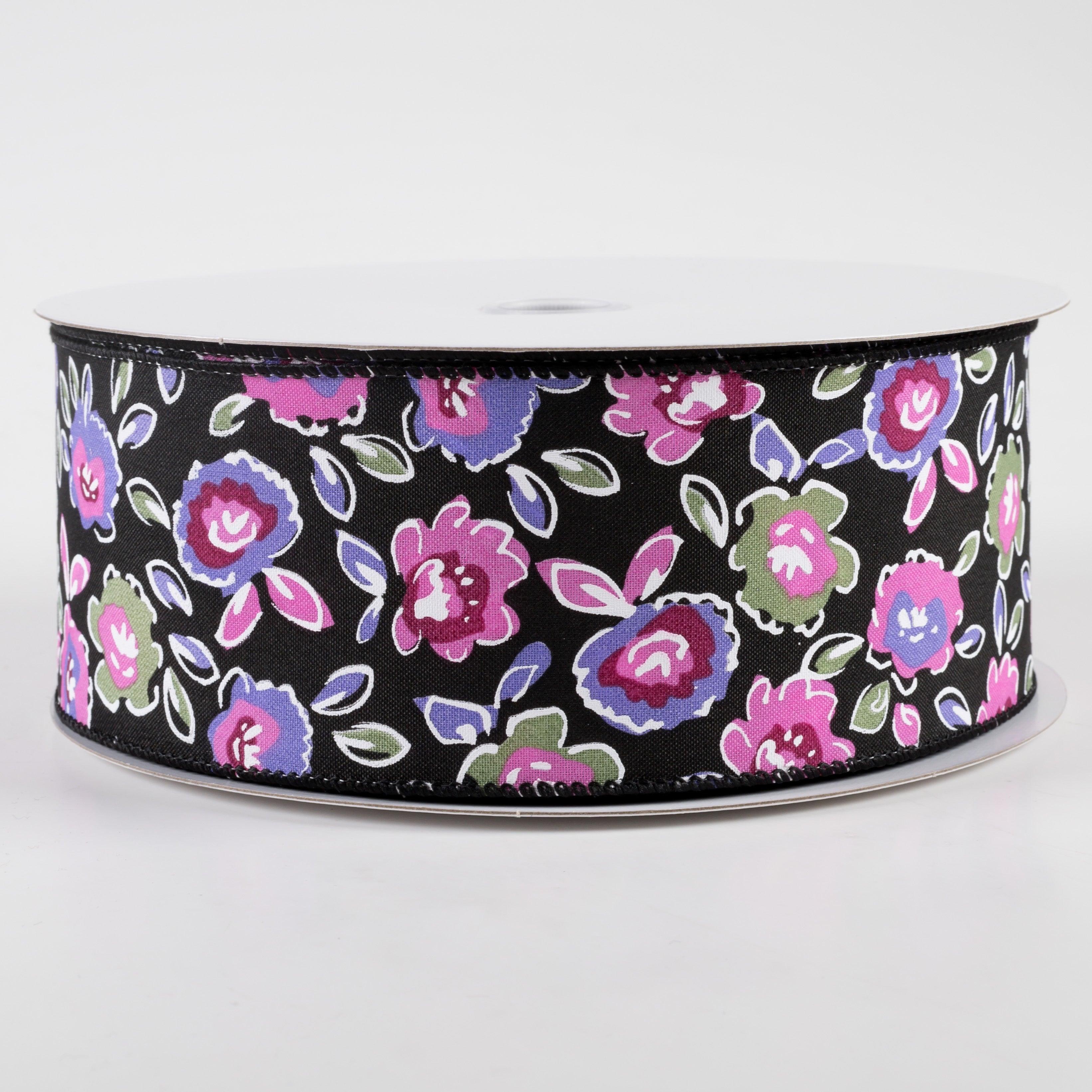 2.5" Electric Flowers Satin Ribbon: Black, Sage, Purple, Pink (50 Yards) Item Number: 841-40-326