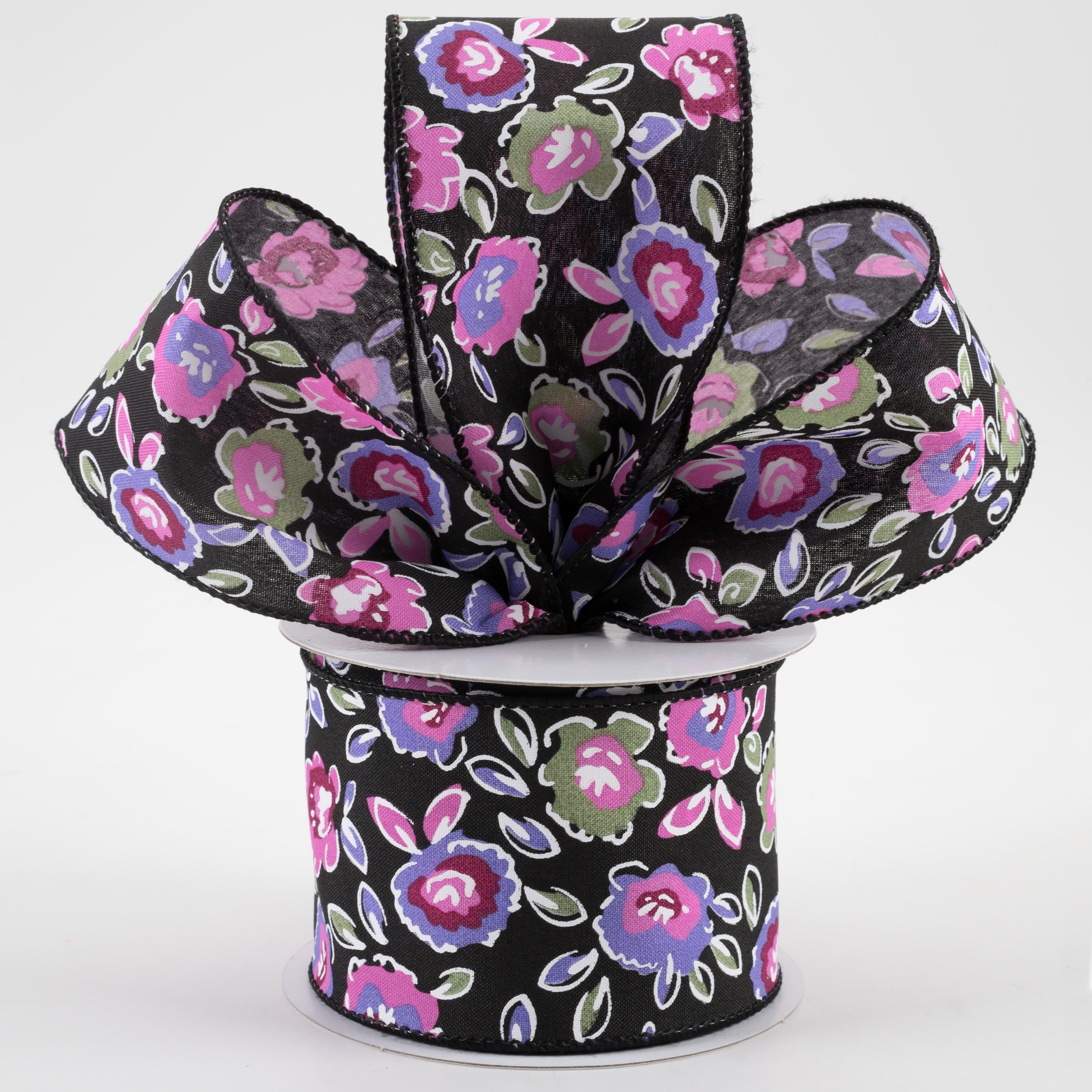 2.5" Electric Flowers Satin Ribbon: Black, Sage, Purple, Pink (10 Yards) Lifestyle Photo