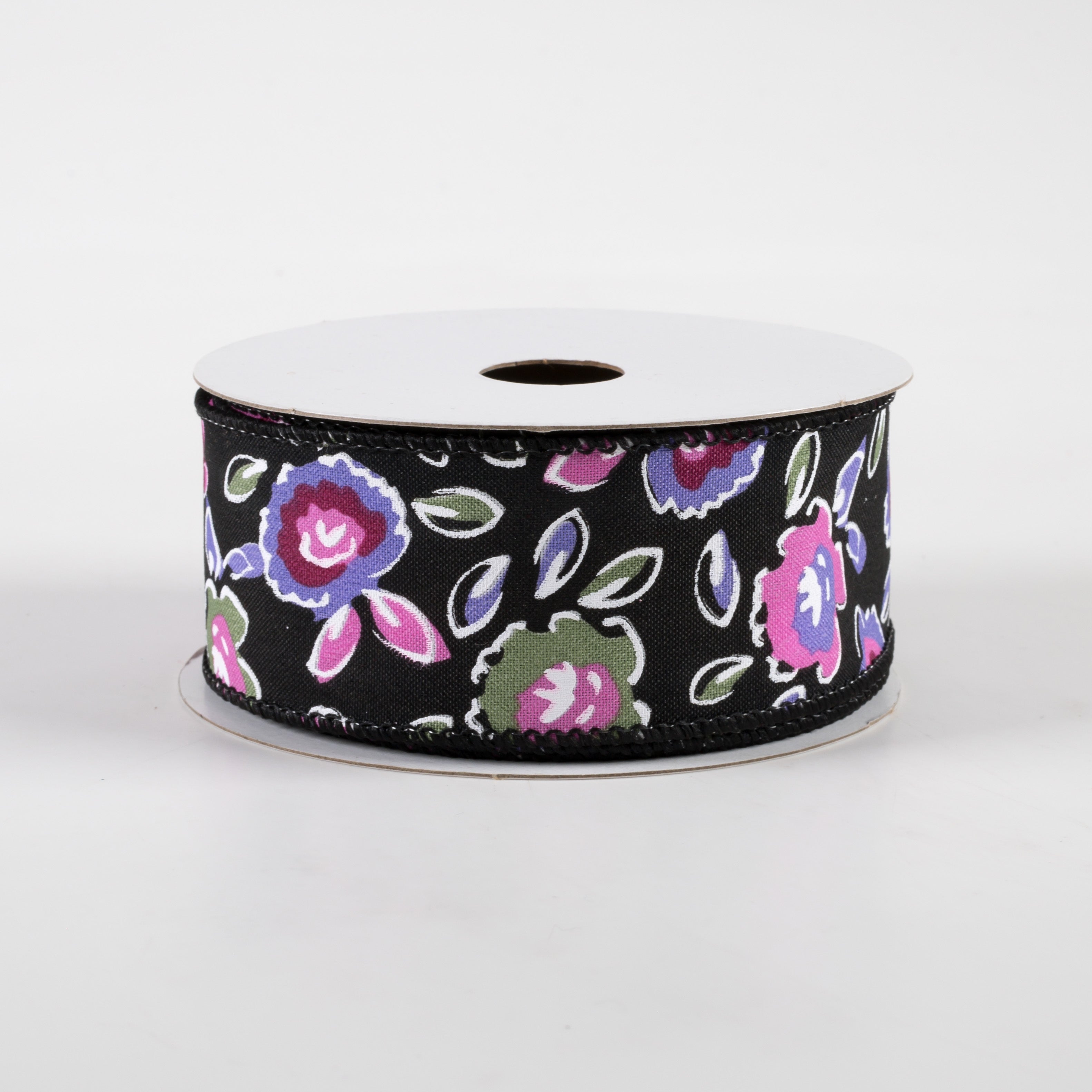 1.5" Electric Flowers Satin Ribbon: Black, Sage, Purple, Pink (10 Yards)