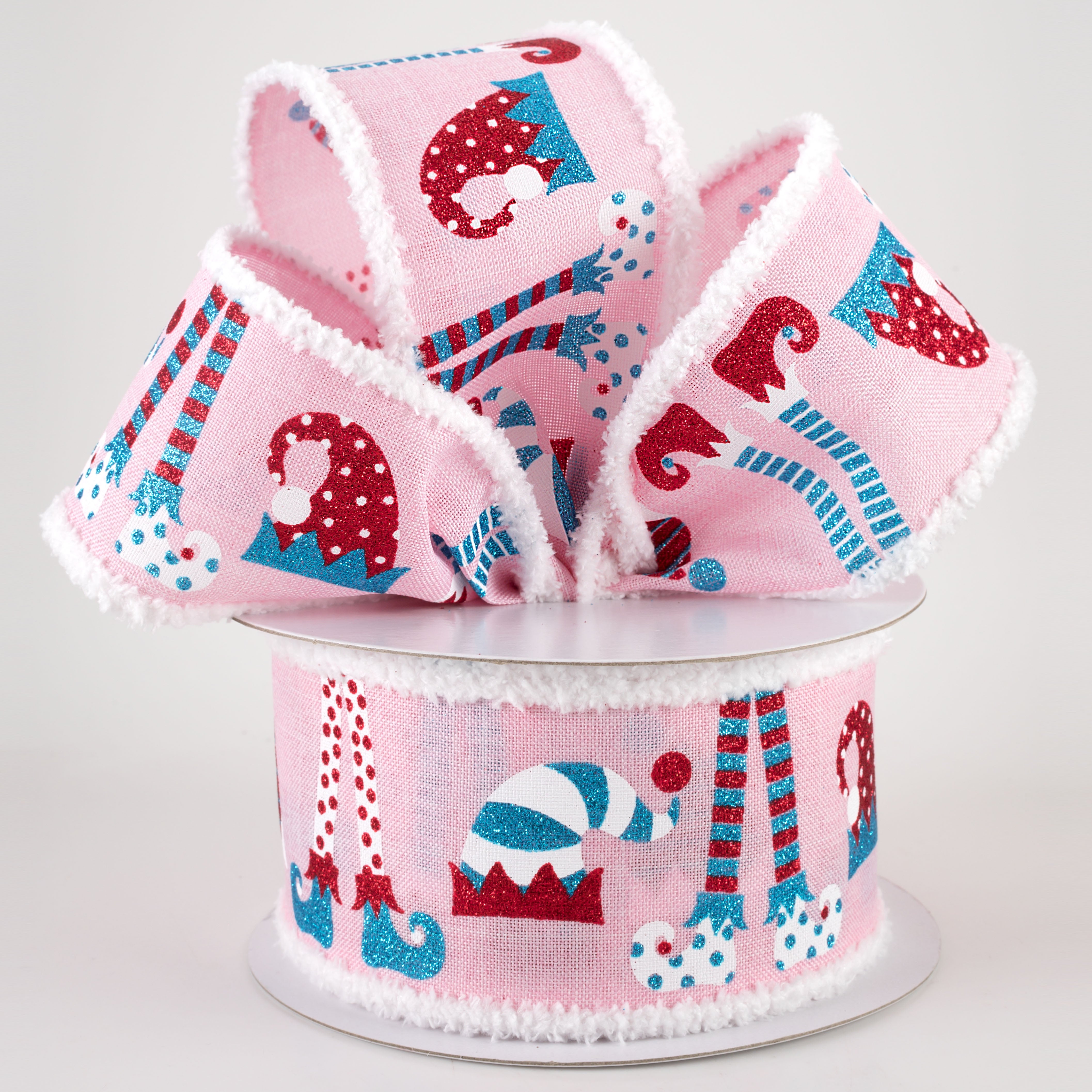 2.5" Elf Hats & Legs Fuzzy Edge Ribbon: Light Pink (10 Yards) Lifestyle Photo