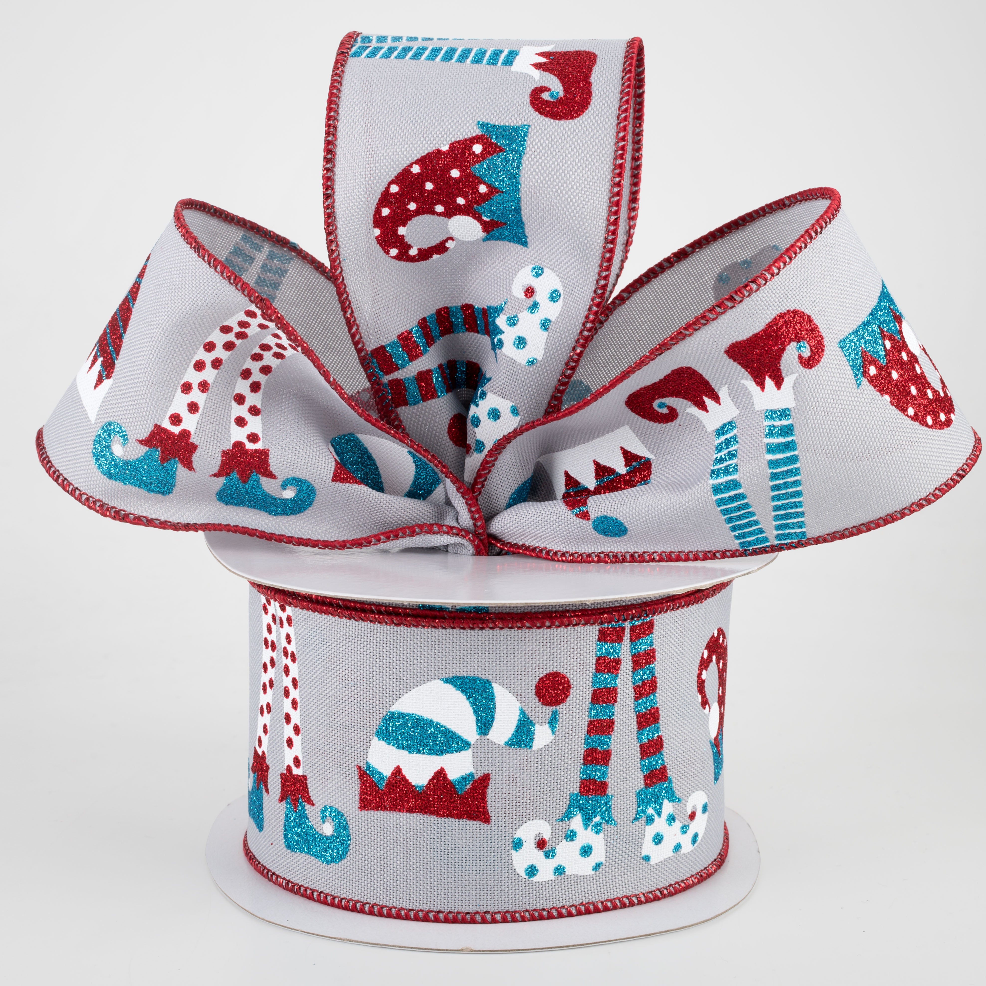 2.5" Elf Hats & Legs Ribbon: Grey, Red, Turquoise (10 Yards) Lifestyle Photo