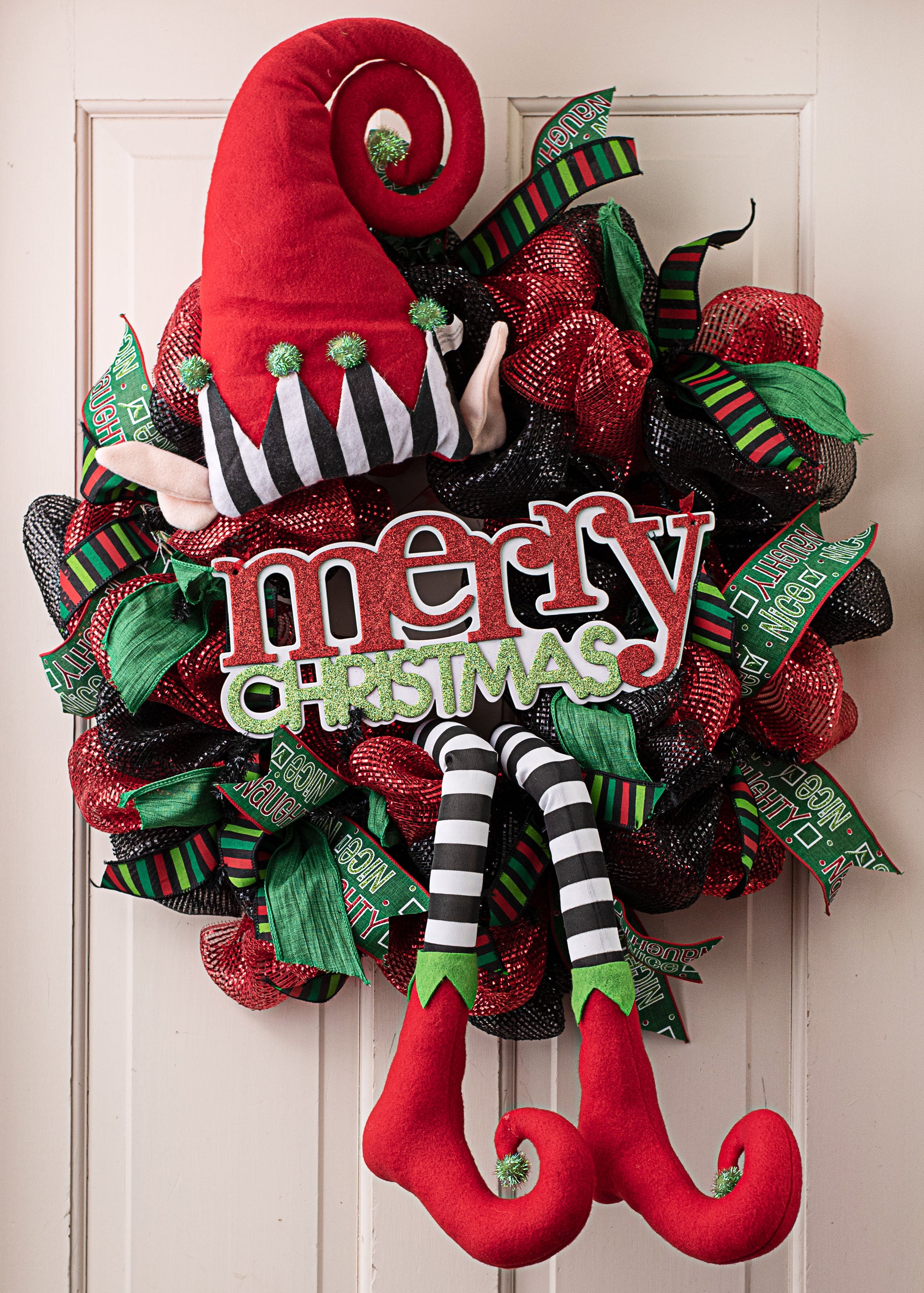 Elf Wreath Accent: Red, Lime, Black, White Stripe (3 Piece) detail photo 5