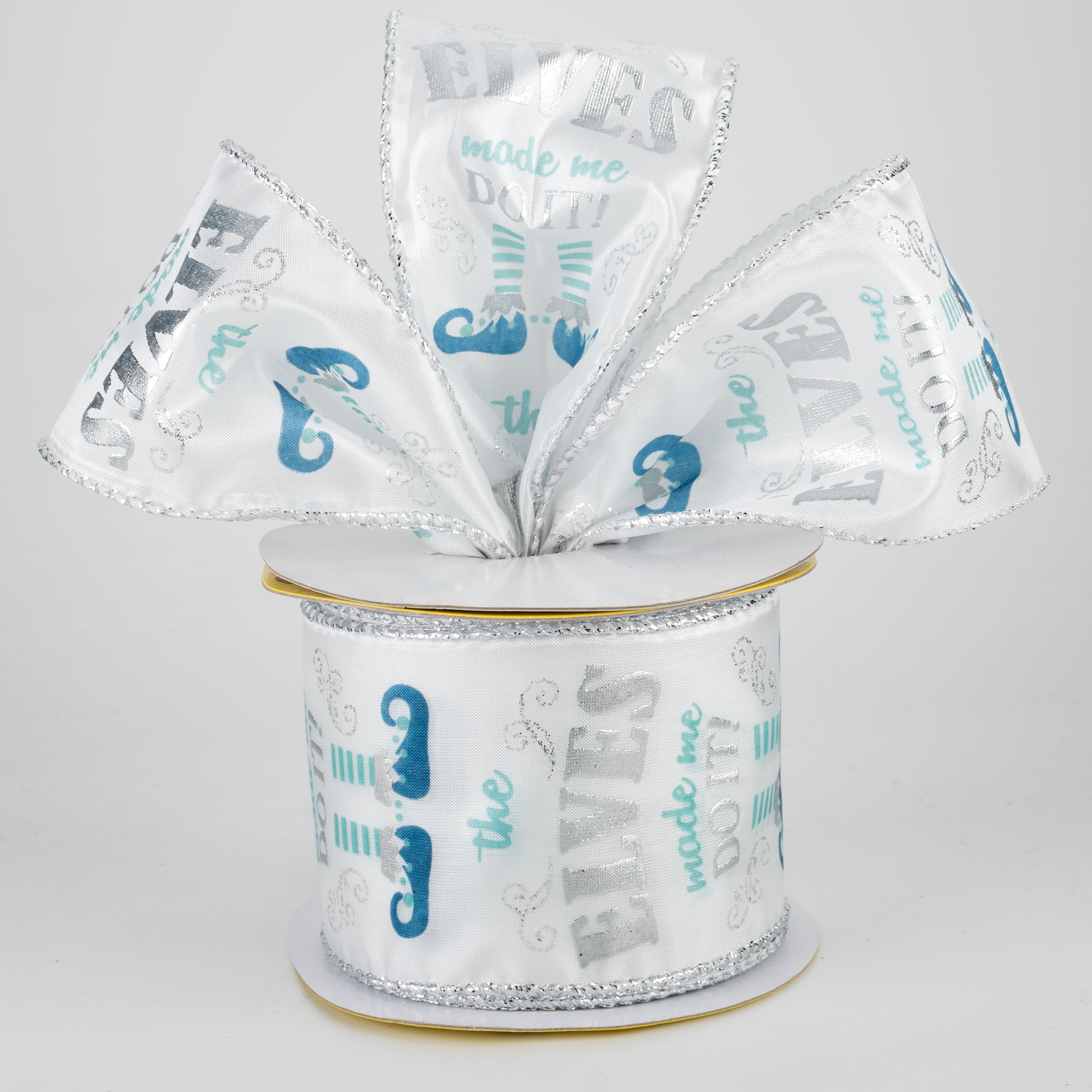 2.5" Elves Made Me Ribbon: Light Blue & Silver (10 Yards) Lifestyle Photo
