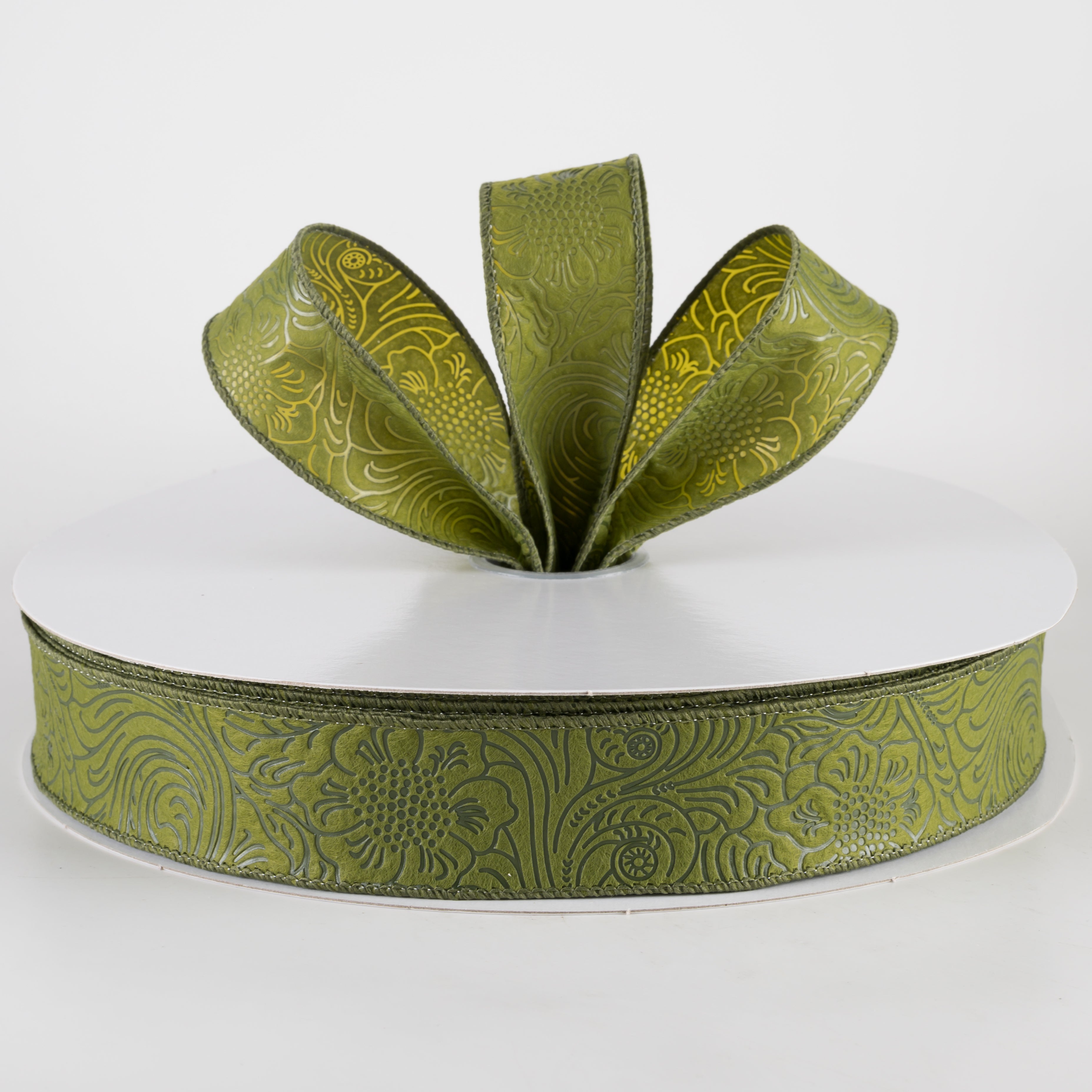 1.5" Embossed Flower Breeze Ribbon: Moss Green (50 Yards) Lifestyle Photo