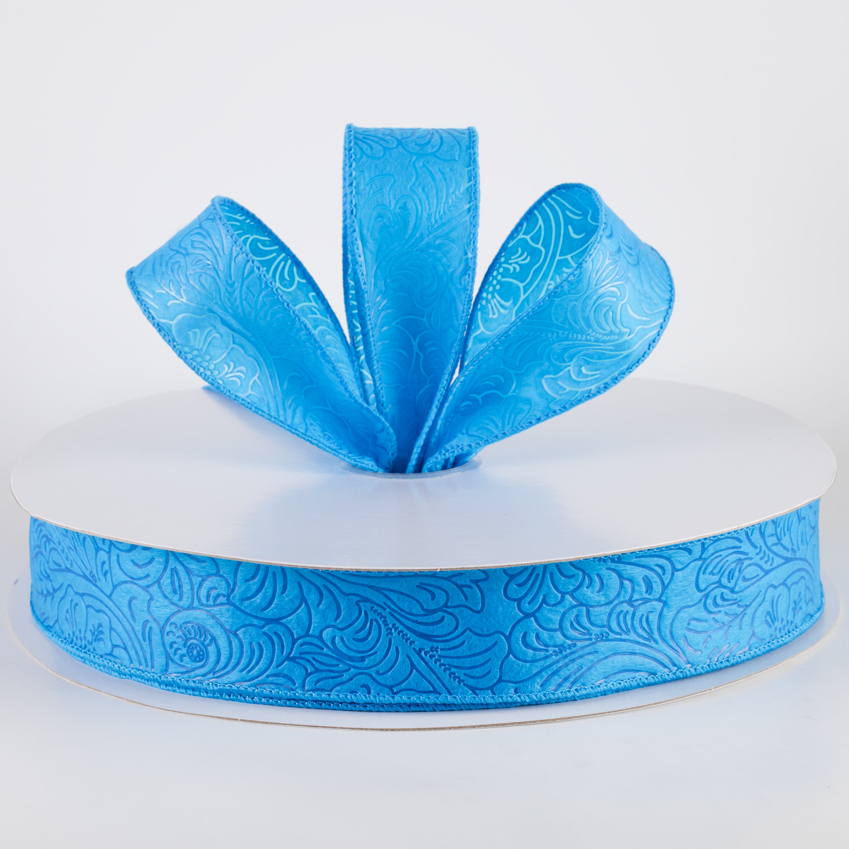 1.5" Embossed Flower Breeze Ribbon: Turquoise Blue (50 Yards) Lifestyle Photo