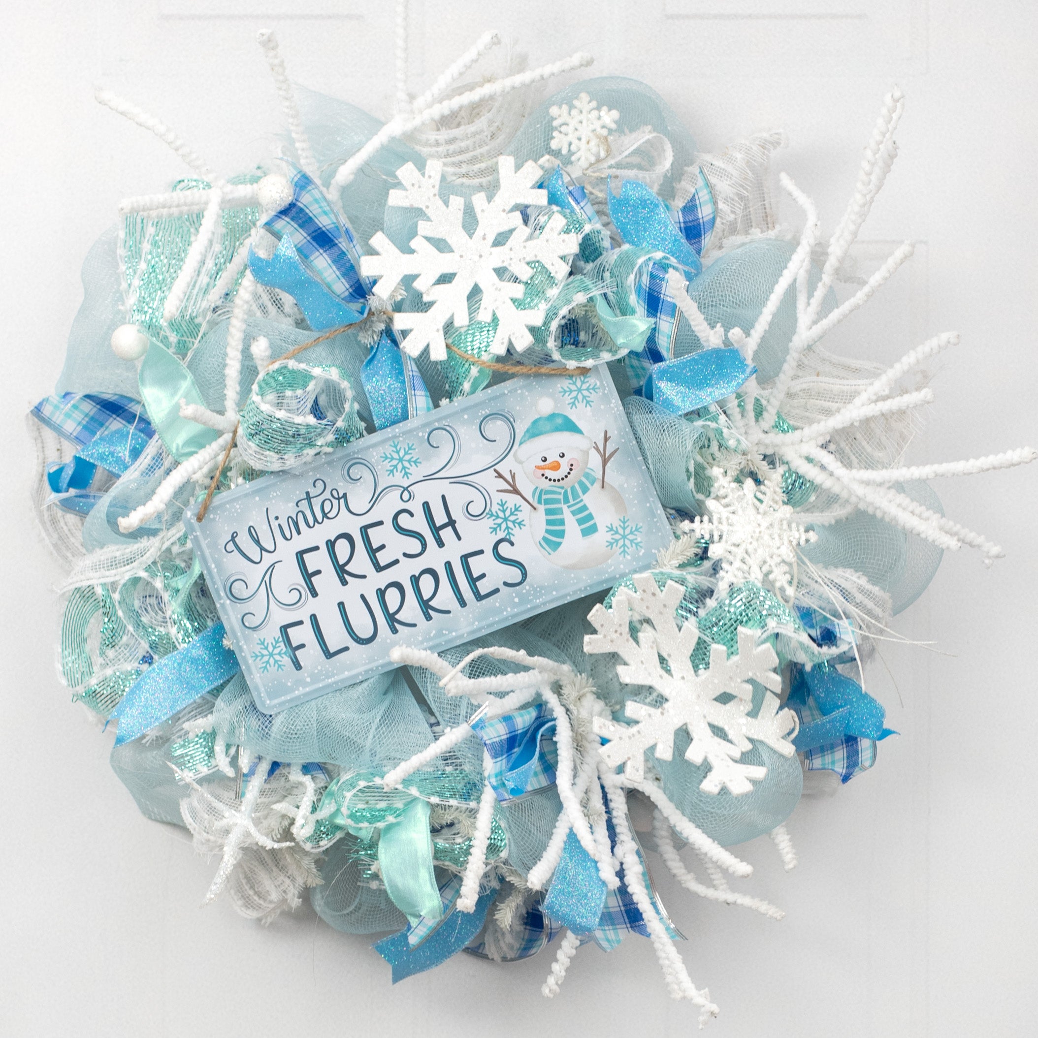 12" Embossed Metal Sign: Winter Fresh Flurries Snowman Lifestyle Photo