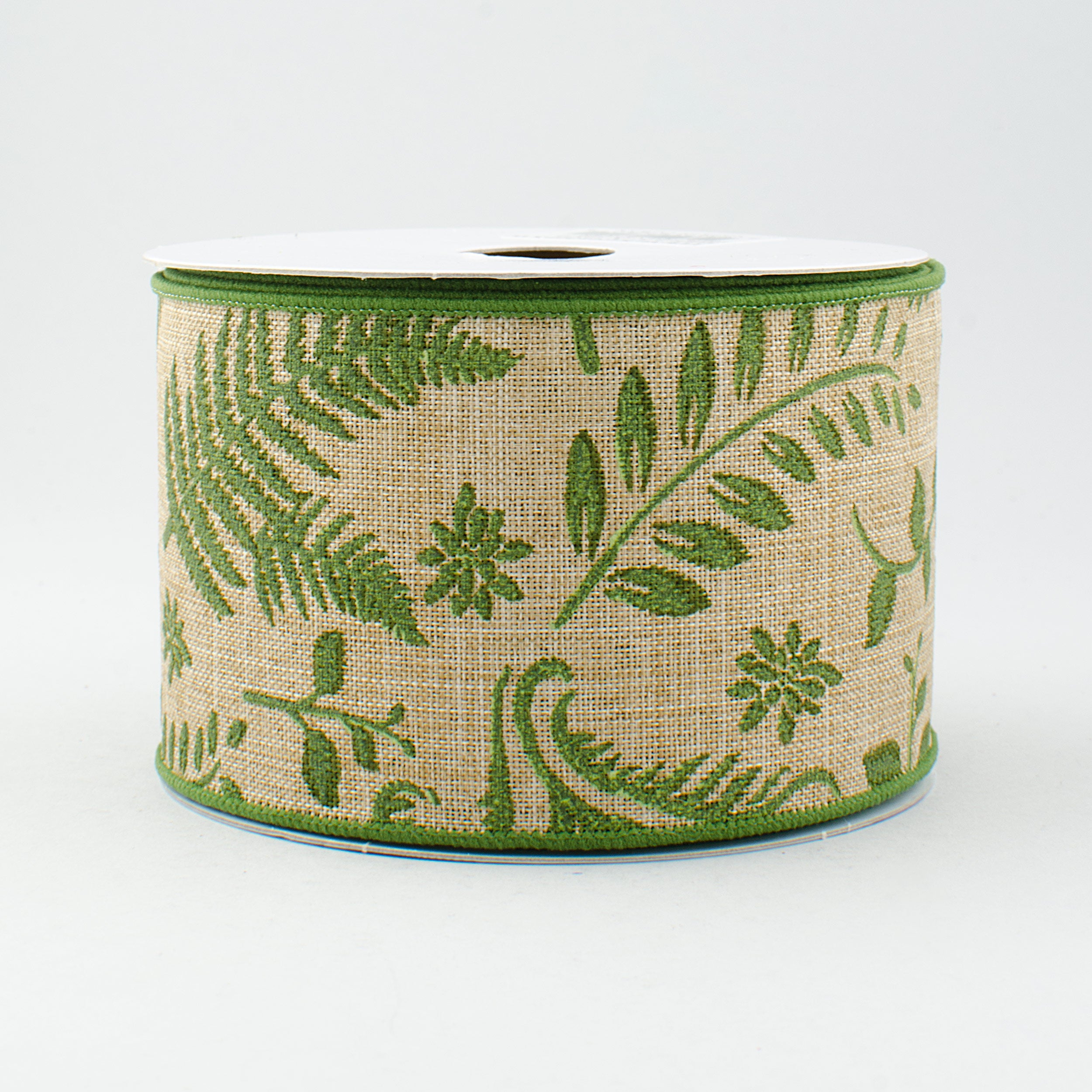 2.5" Embroidered Greenery Ribbon: Beige & Green (10 Yards)