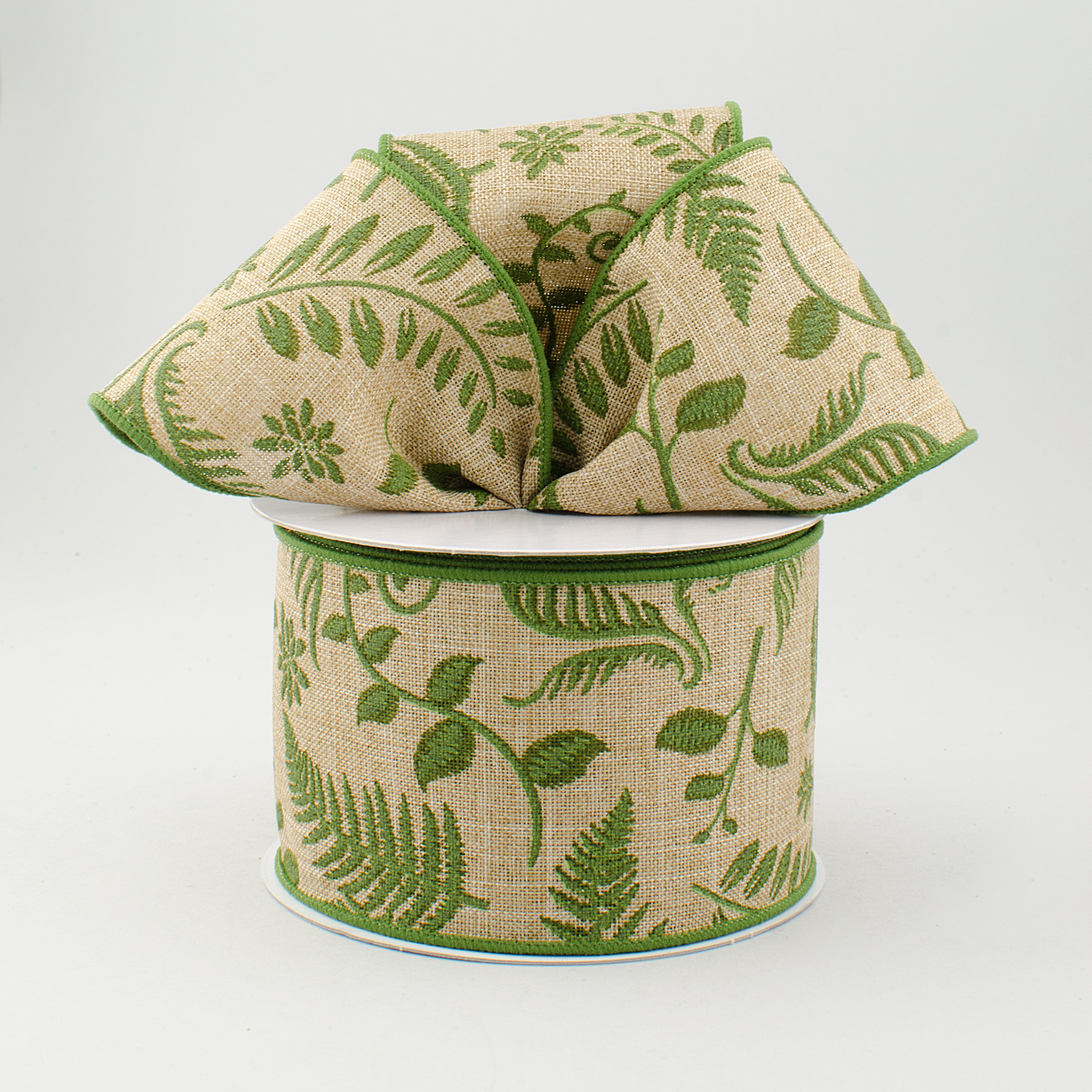 2.5" Embroidered Greenery Ribbon: Beige & Green (10 Yards) Lifestyle Photo