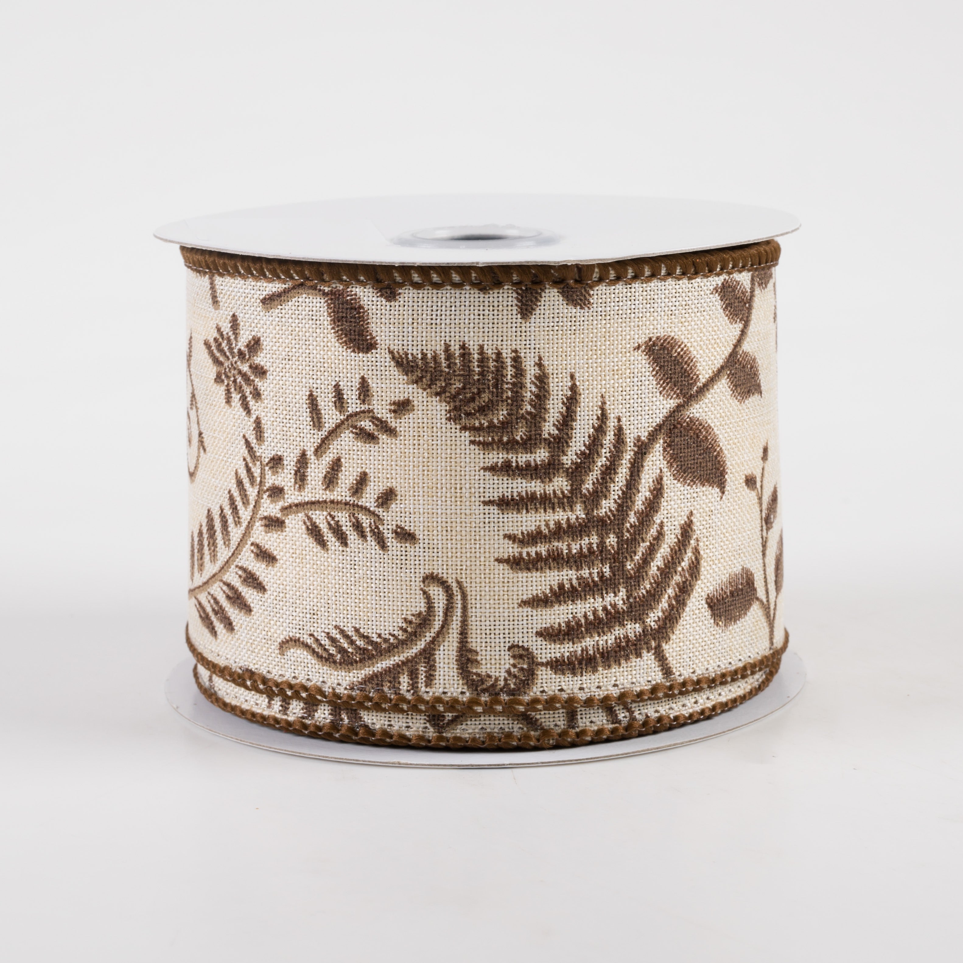 2.5" Embroidered Greenery Ribbon: Cream & Brown (10 Yards)