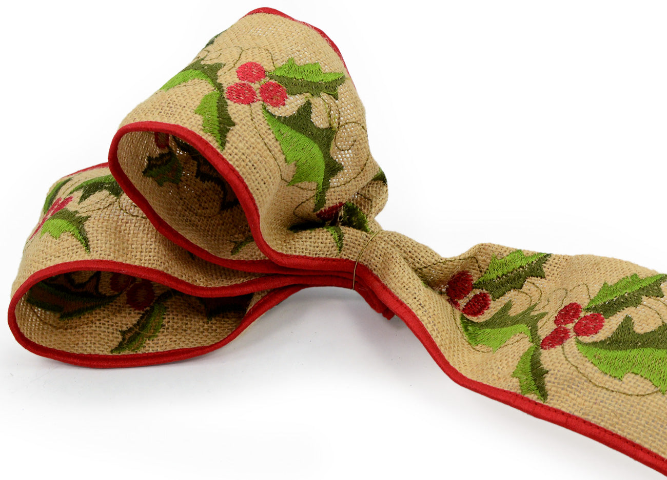 4" Embroidered Holly Burlap Ribbon (5 Yards) Lifestyle Photo