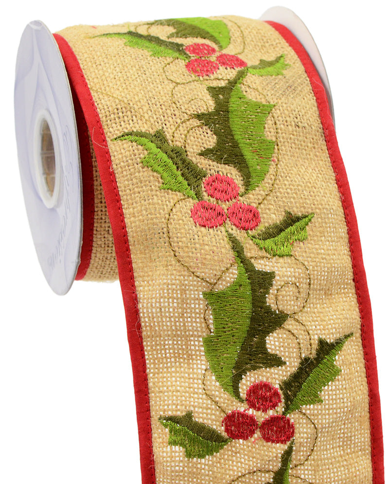 4" Embroidered Holly Burlap Ribbon (5 Yards)