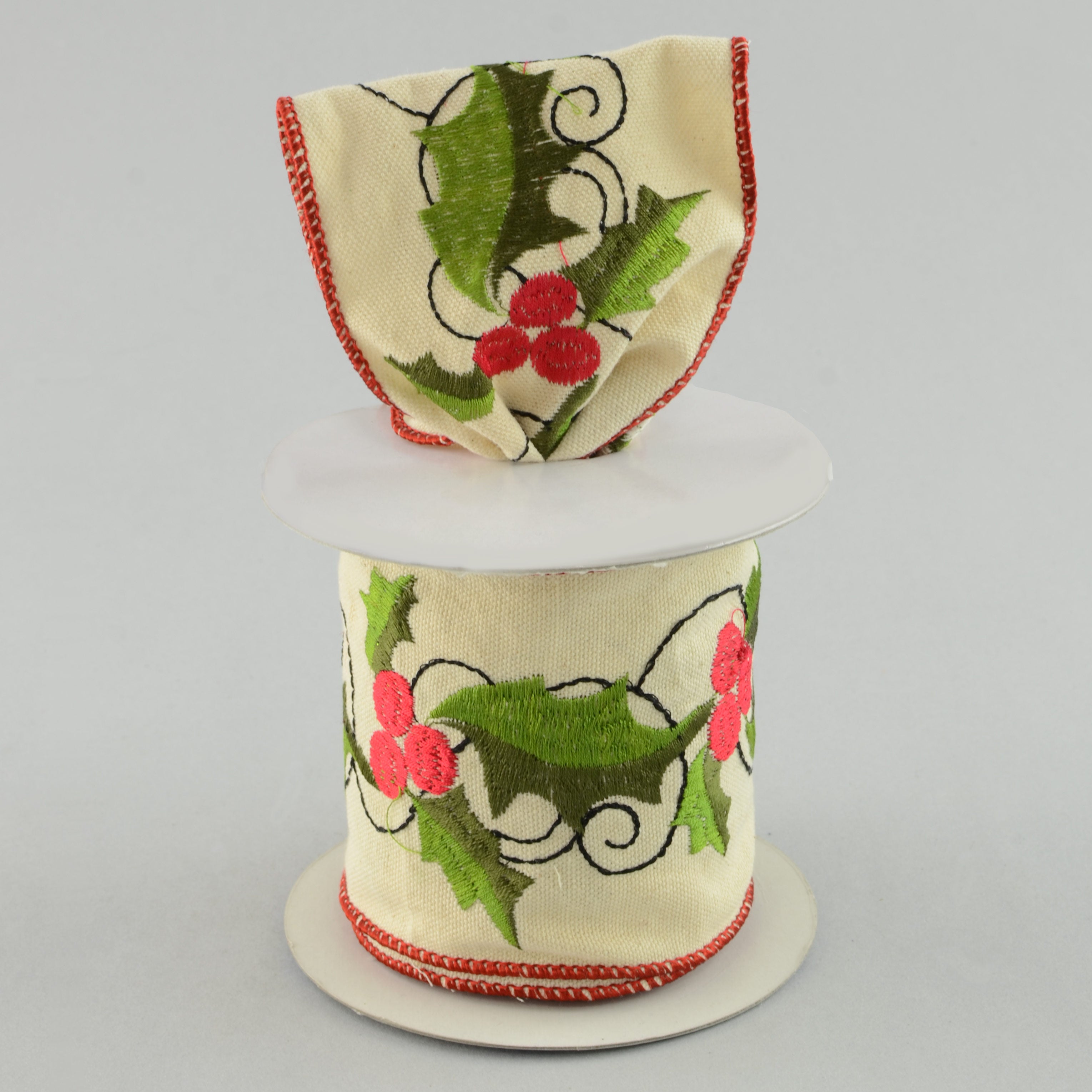 4" Embroidered Holly Canvas Ribbon (5 Yards) Lifestyle Photo