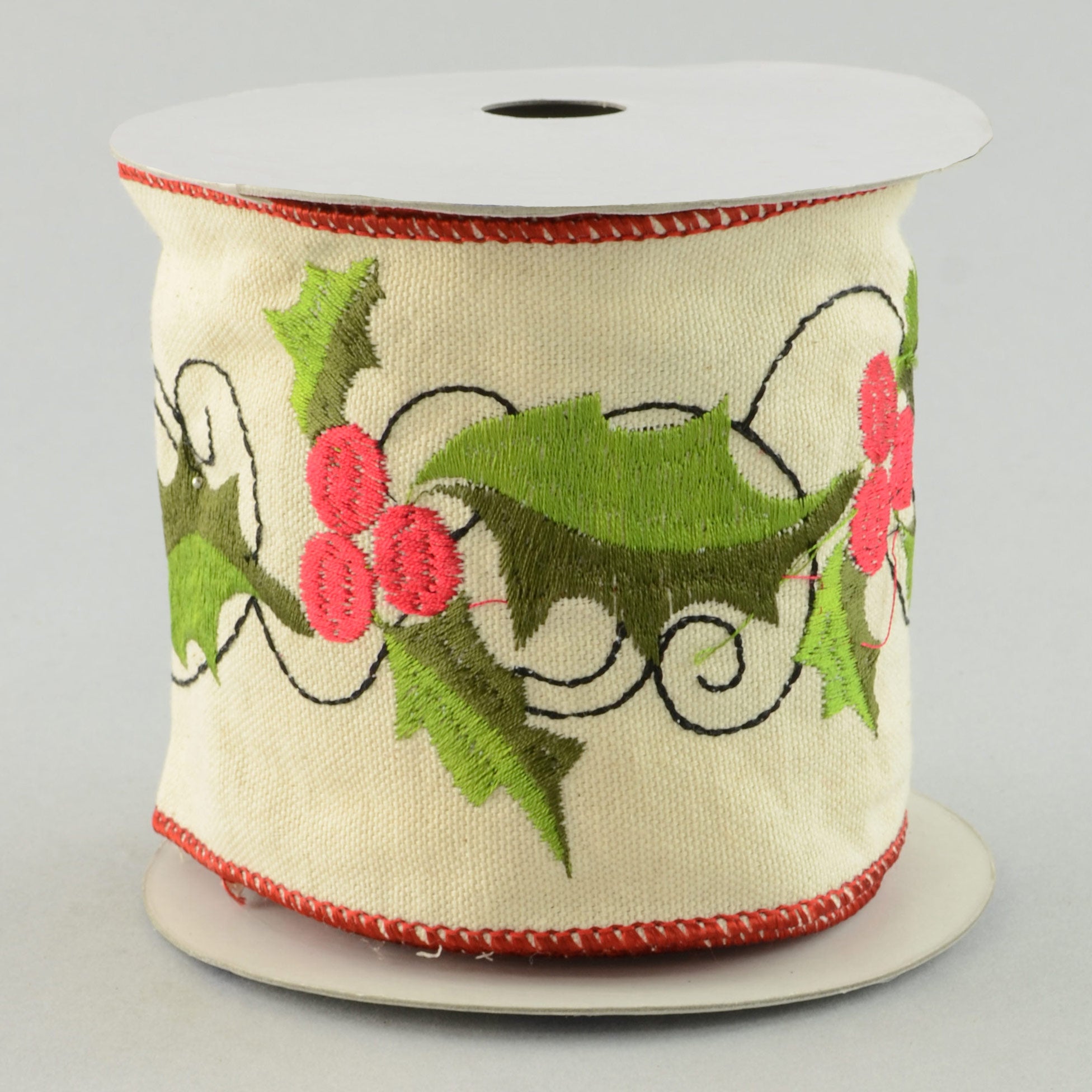 4" Embroidered Holly Canvas Ribbon (5 Yards)