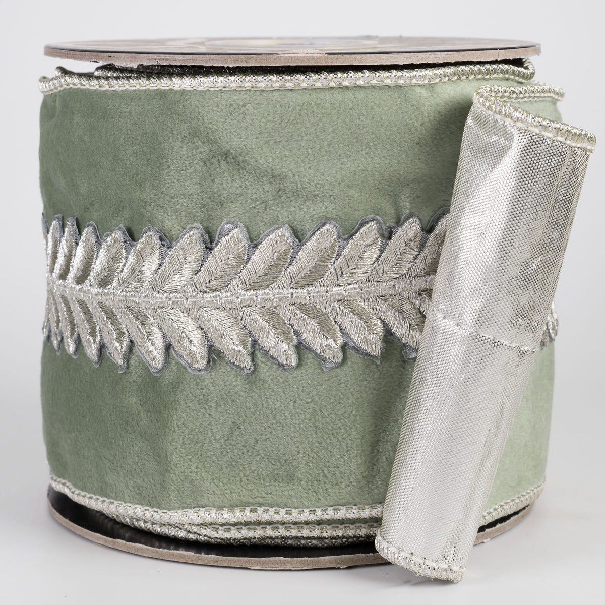 4" Embroidered Leaf Trim Divine Velvet & Metallic Dupioni Fused Ribbon: Sage Green & Silver (5 Yards) Item Number: RR0039