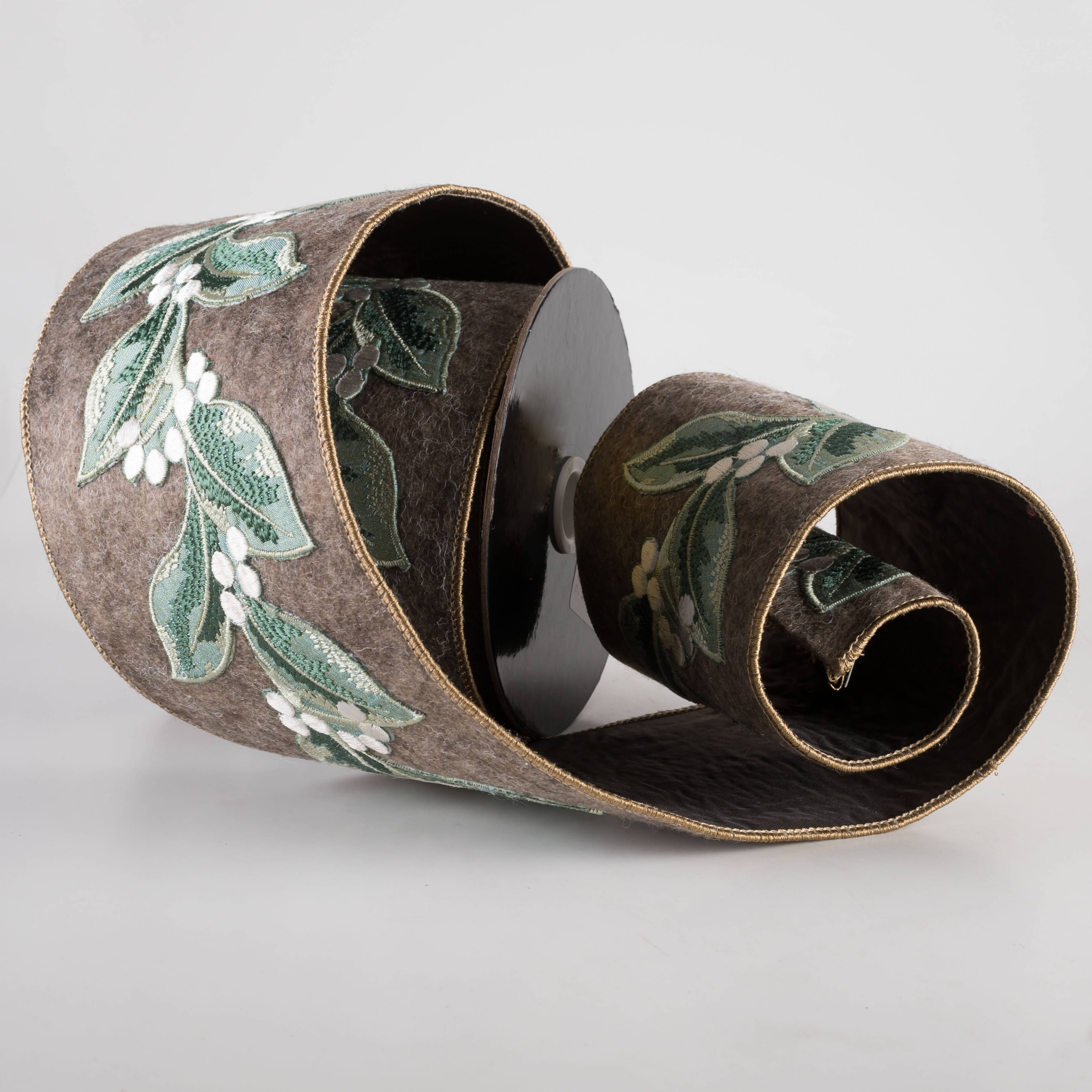 4" Embroidered Leaves & White Berries Ribbon: Brown (5 Yards) Lifestyle Photo