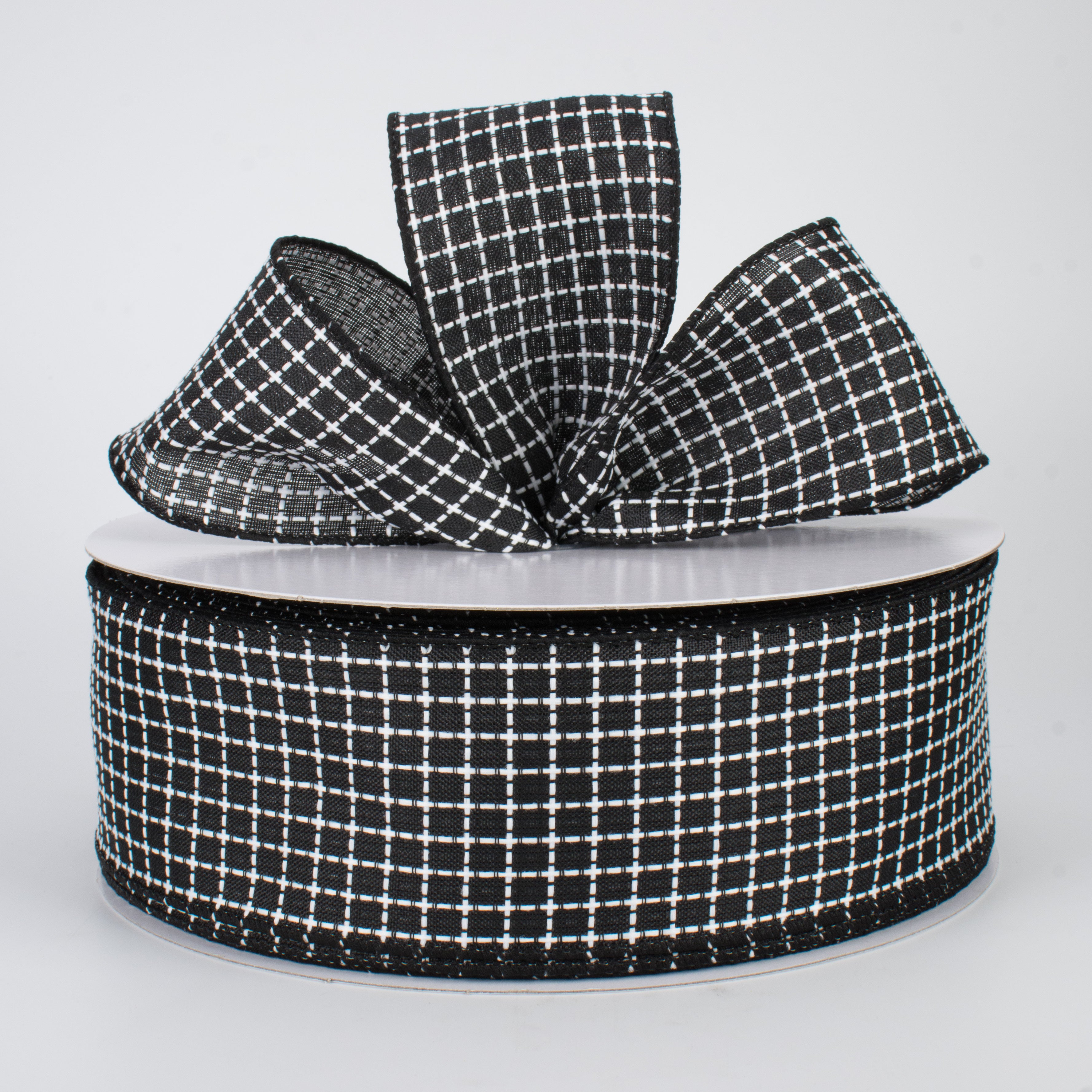 2.5" Embroidered Stitched Squares Ribbon: Black (50 Yards) Lifestyle Photo