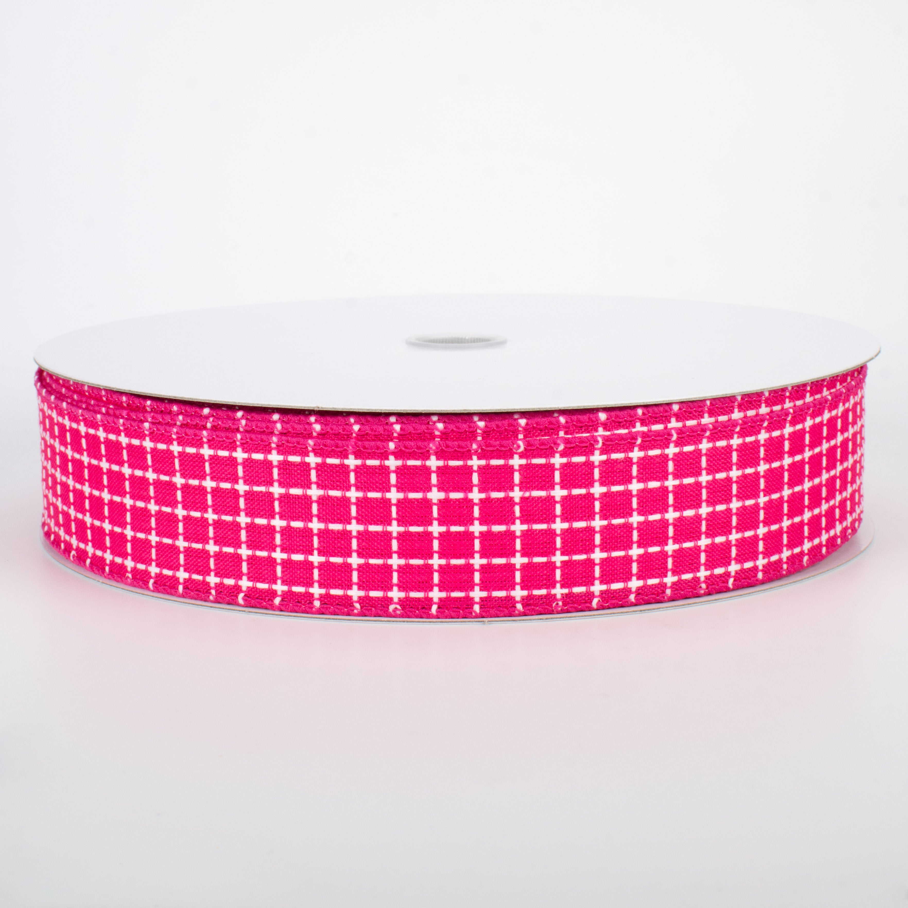1.5" Embroidered Stitched Squares Ribbon: Fuchsia Pink (50 Yards)