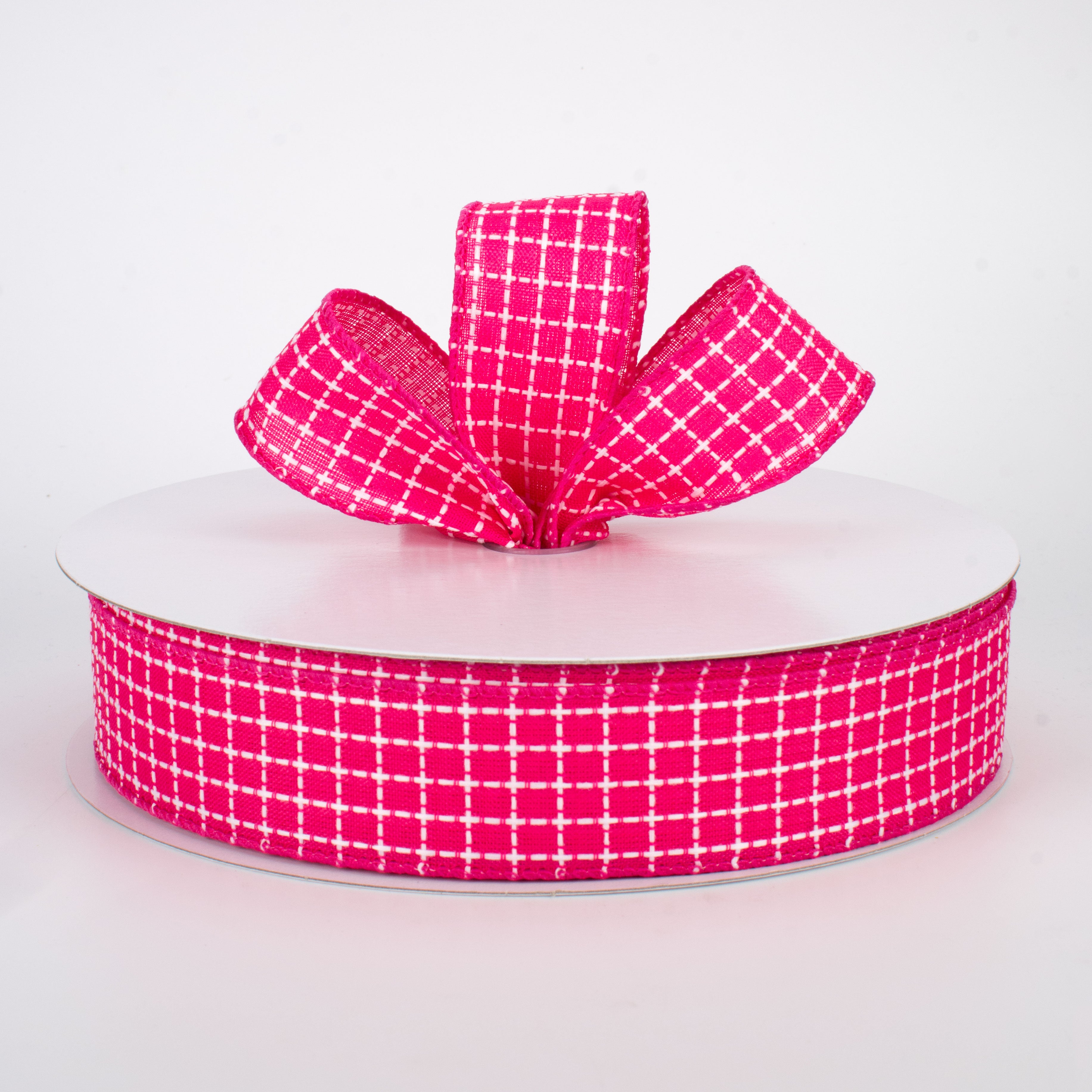 1.5" Embroidered Stitched Squares Ribbon: Fuchsia Pink (50 Yards) Lifestyle Photo