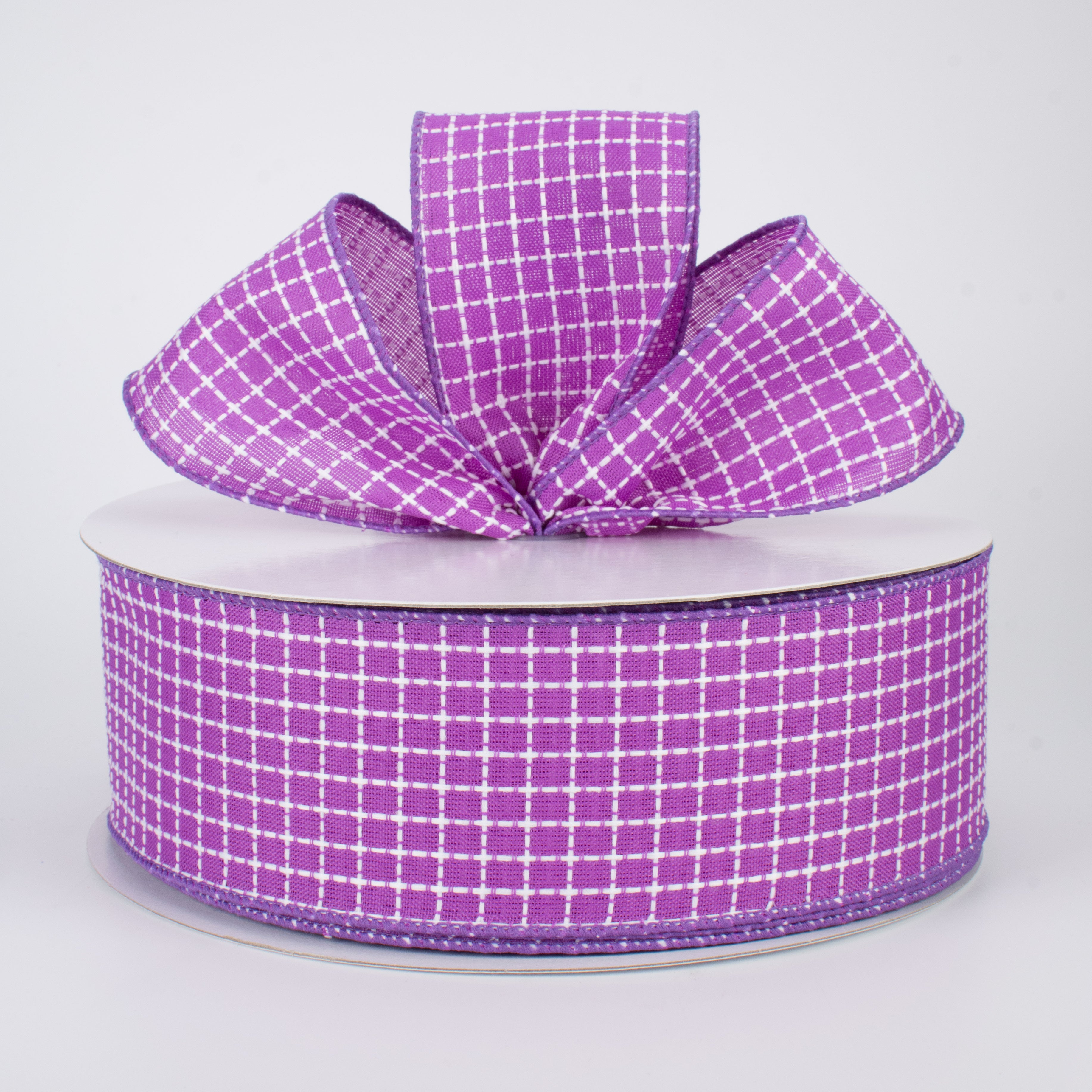 2.5" Embroidered Stitched Squares Ribbon: Purple (50 Yards) Lifestyle Photo