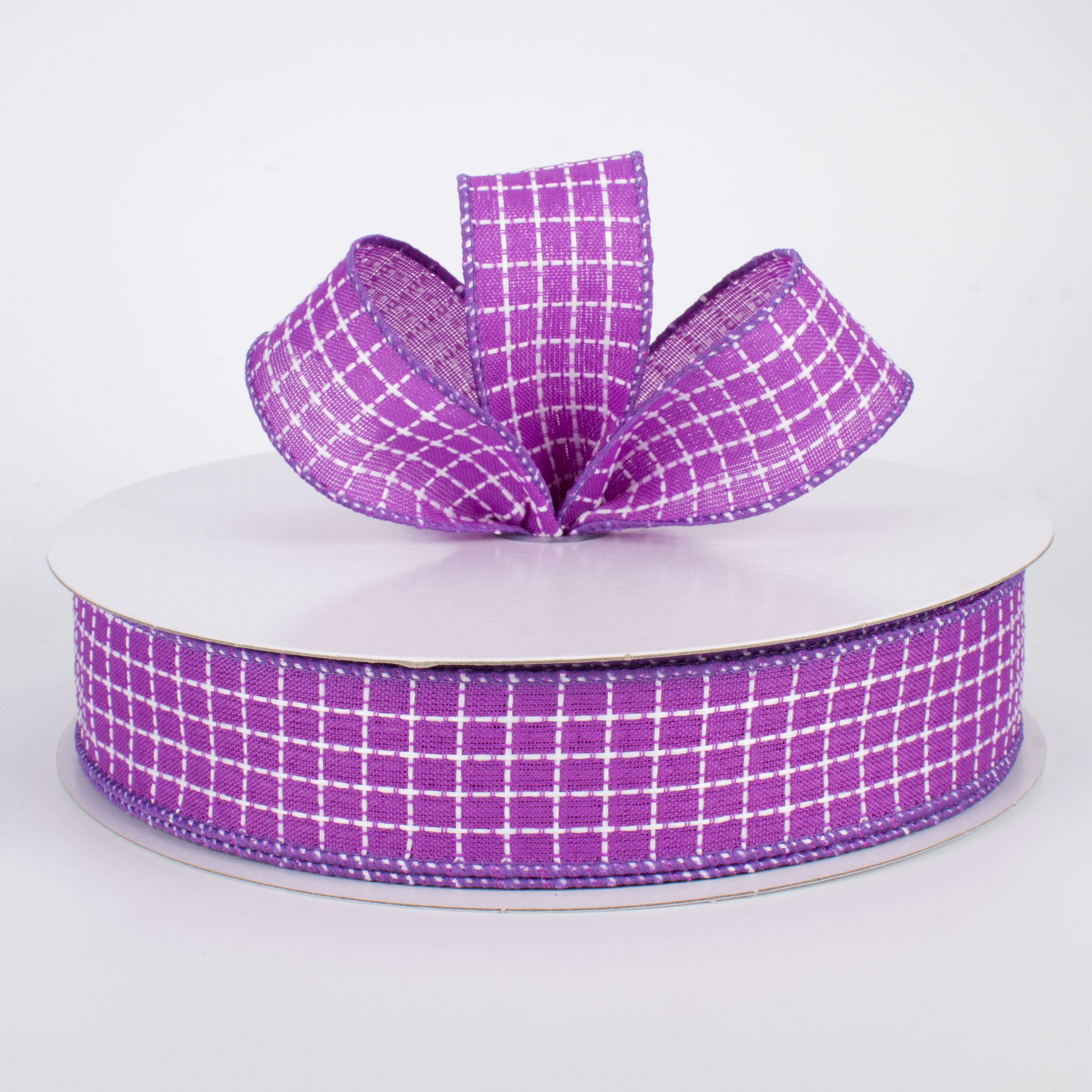 1.5" Embroidered Stitched Squares Ribbon: Purple (50 Yards) Lifestyle Photo