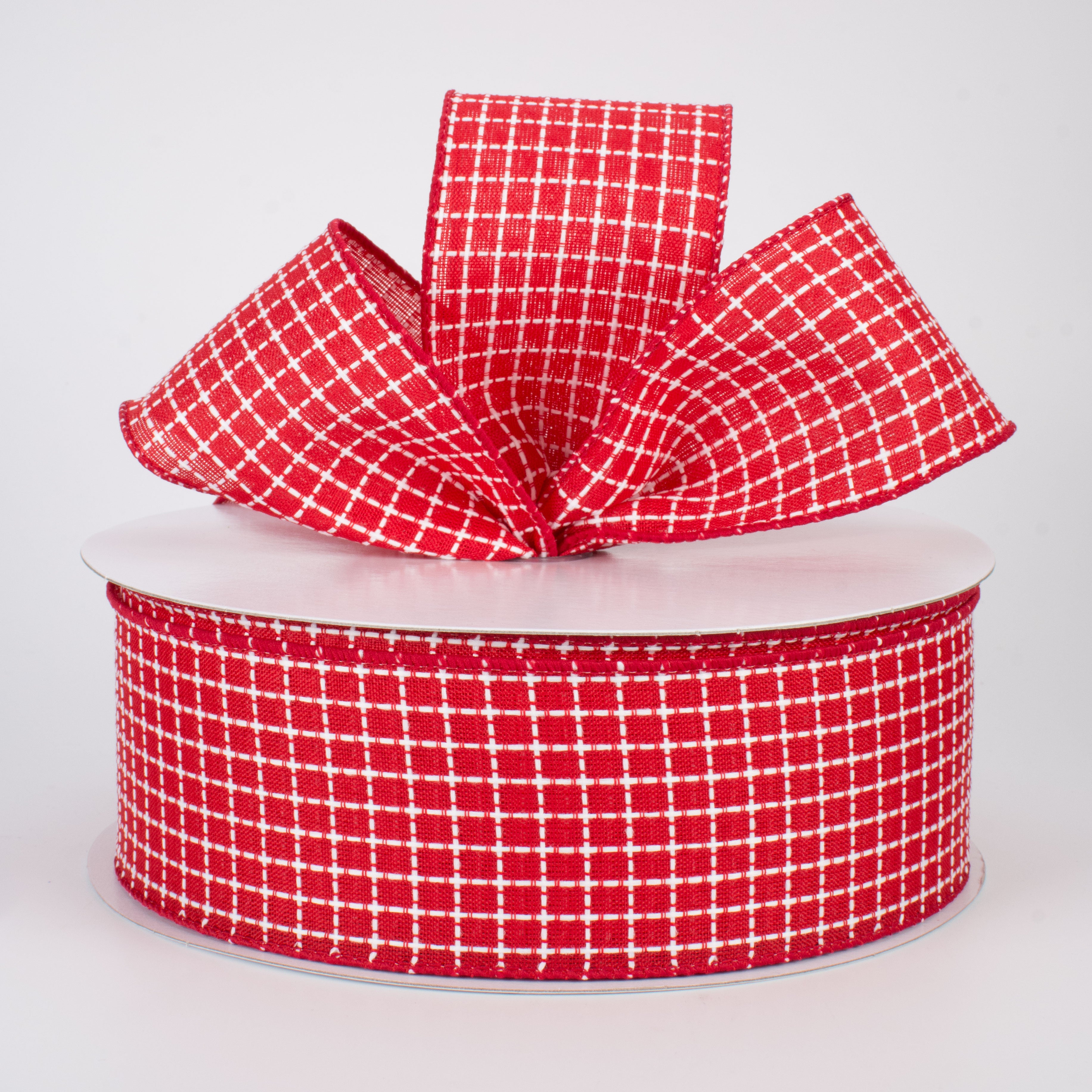 2.5" Embroidered Stitched Squares Ribbon: Red (50 Yards) Lifestyle Photo