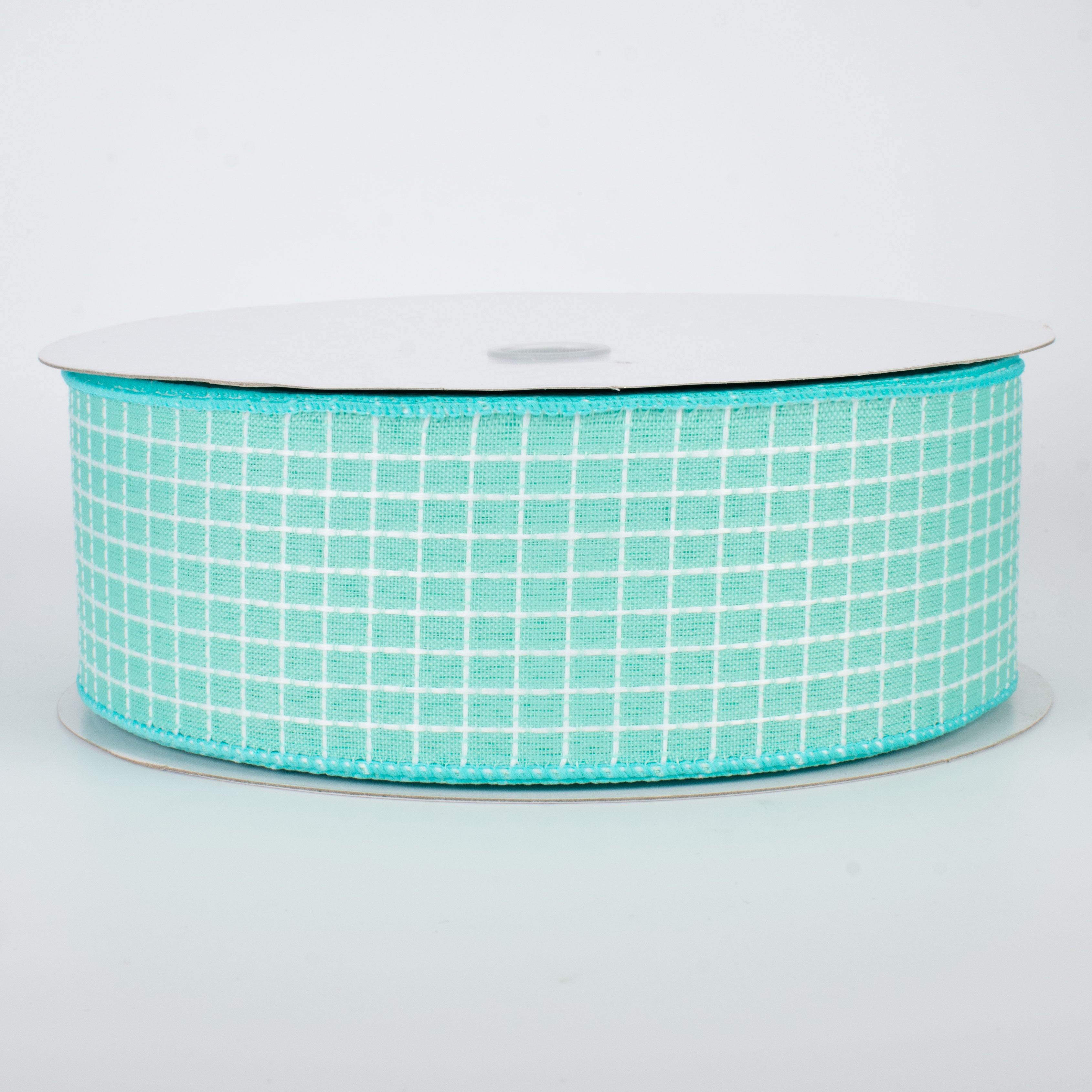 2.5" Embroidered Stitched Squares Ribbon: Turquoise (50 Yards)