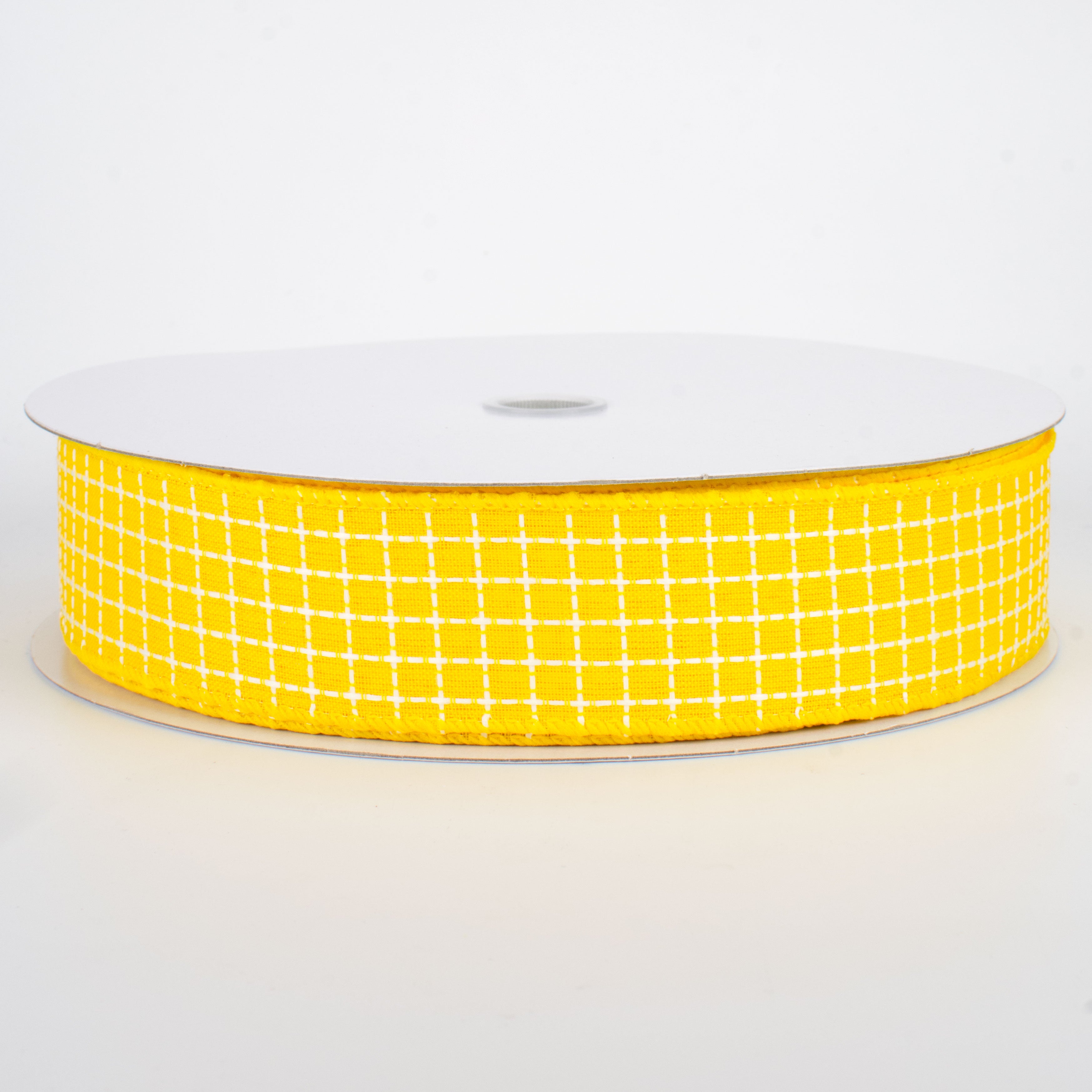 1.5" Embroidered Stitched Squares Ribbon: Yellow (50 Yards)