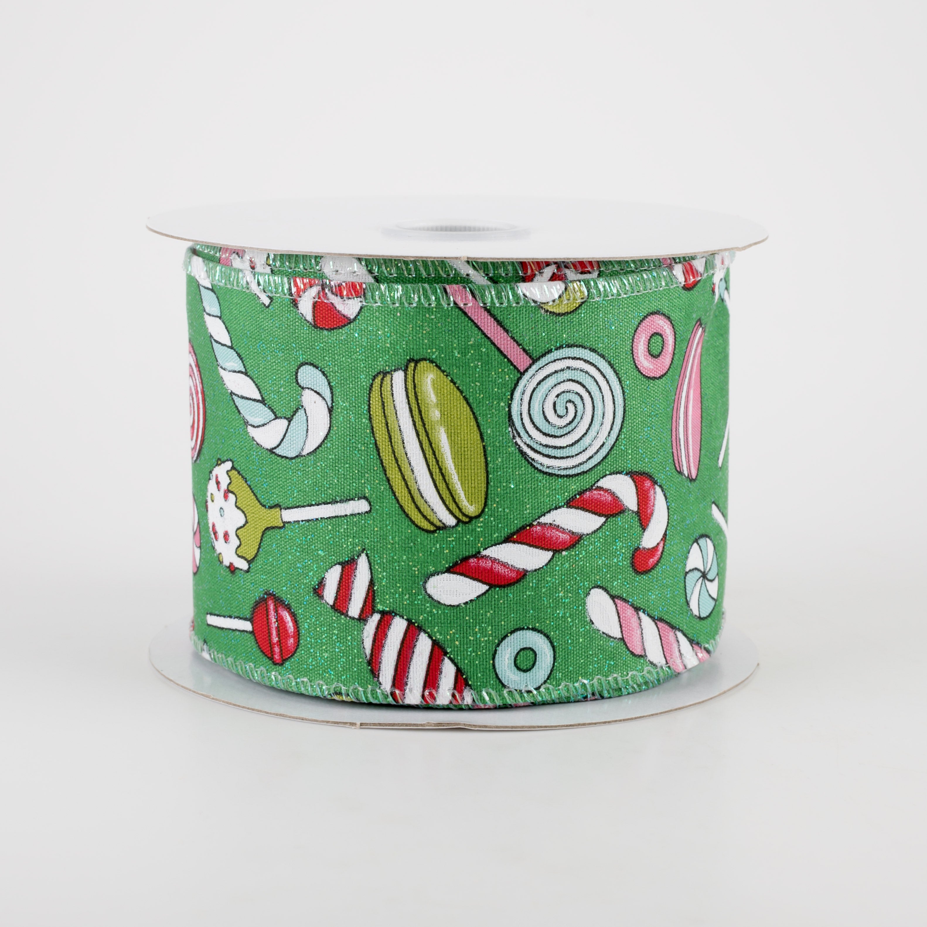 2.5" Emerald Glitter Satin Christmas Treats Ribbon (10 Yards)