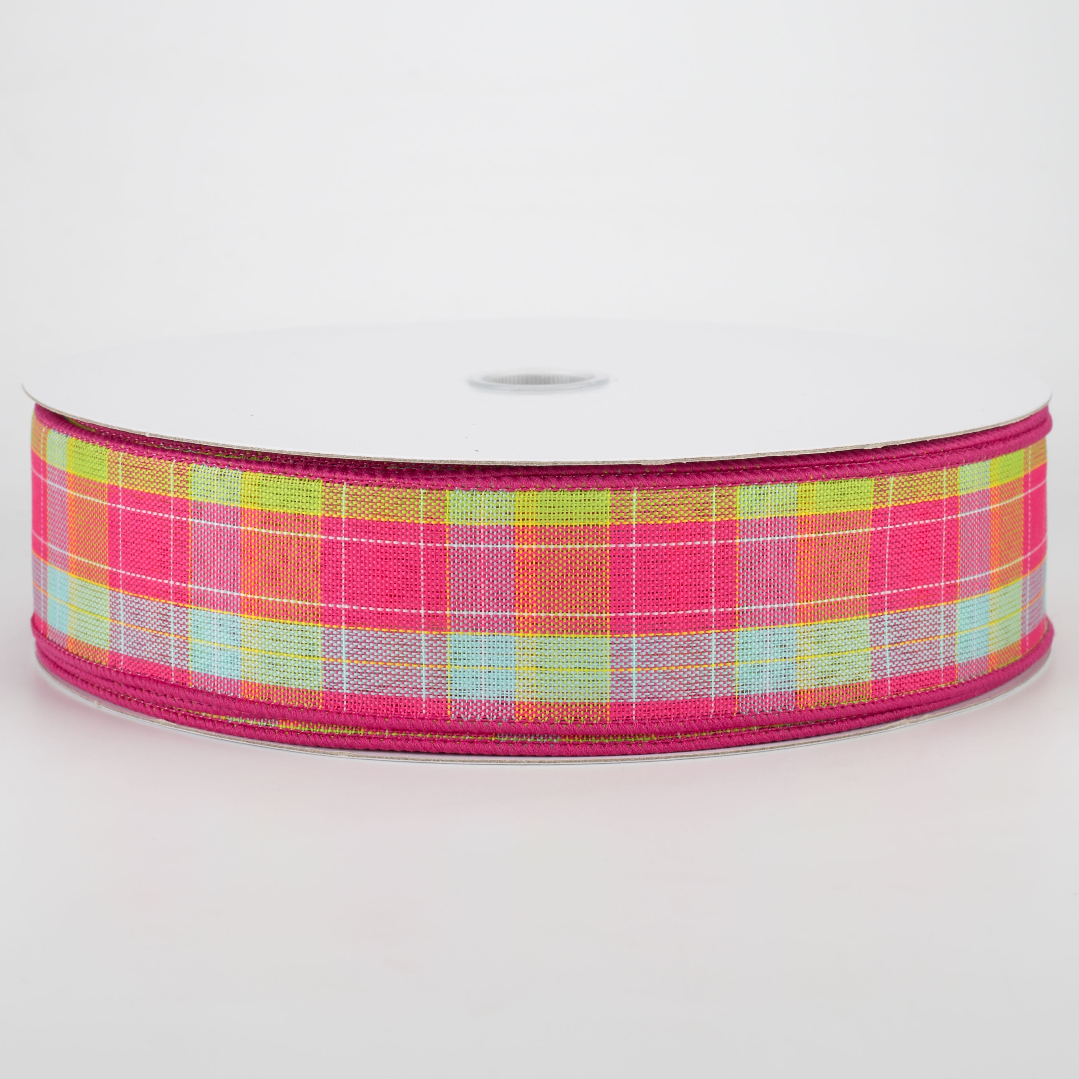 1.5" Emily Plaid Ribbon: Fuchsia, Aqua, Lime, Yellow (50 Yards) Item Number: 841-09-014