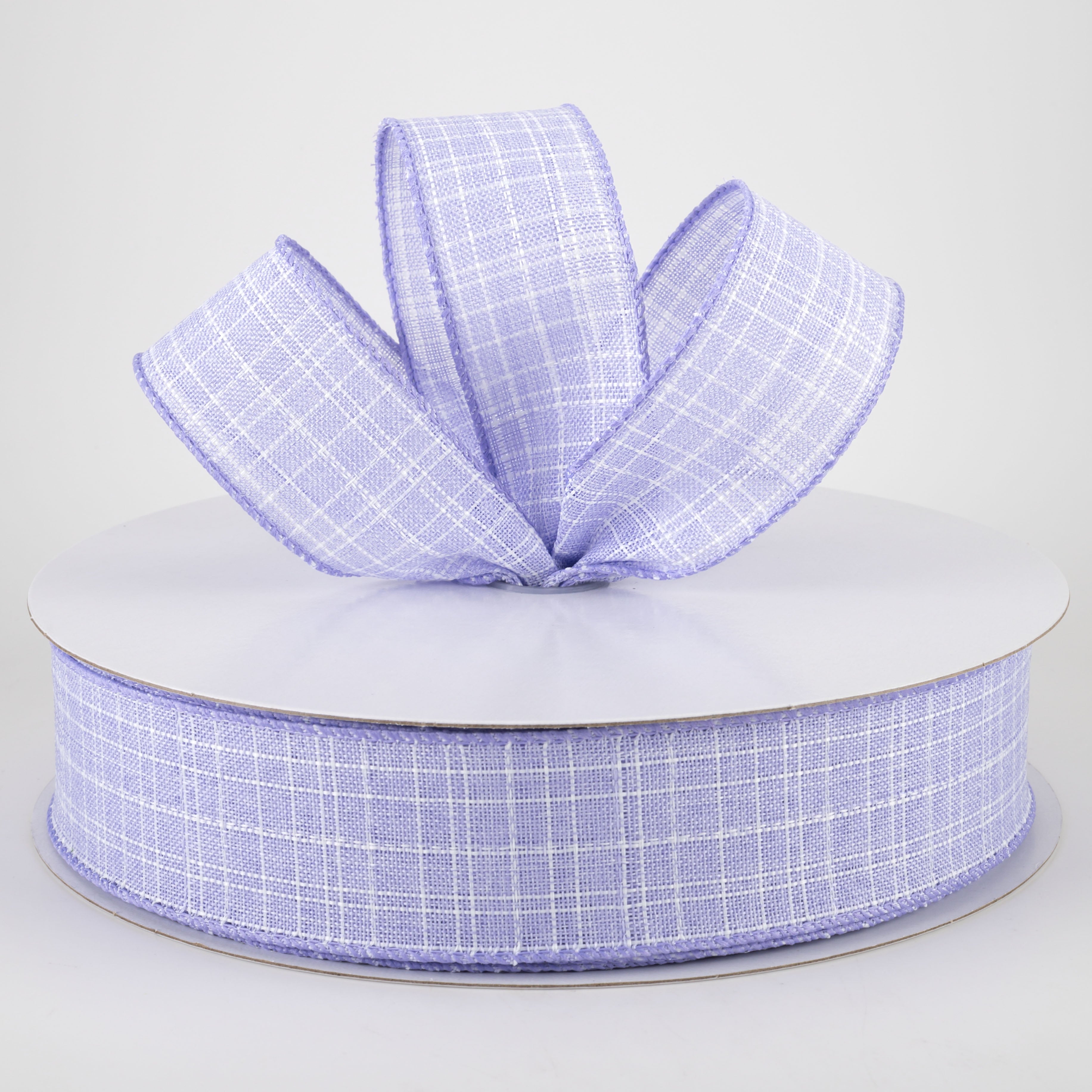 1.5" Estelle Textured Linen Ribbon: Lavender & White (50 Yards) Lifestyle Photo