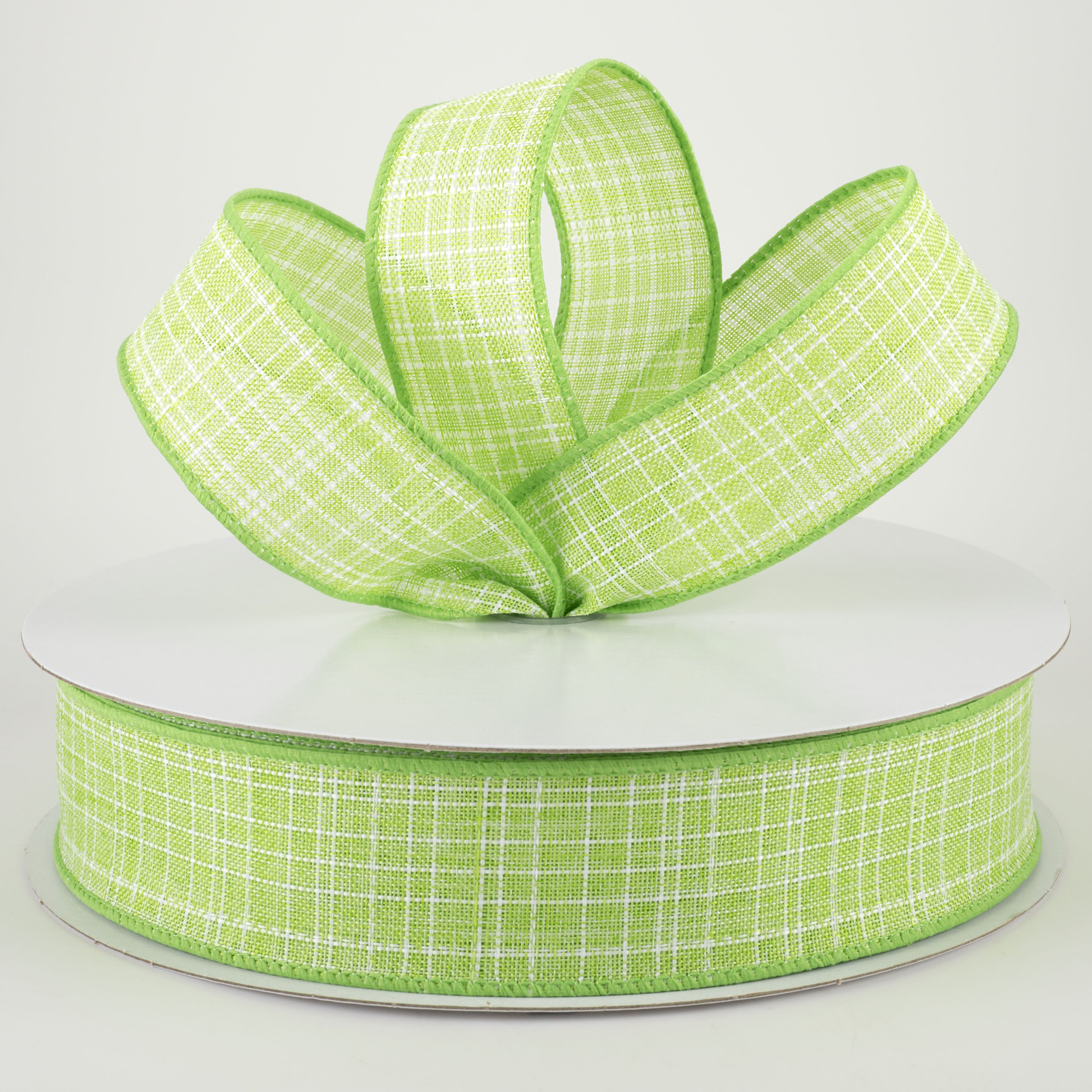 1.5" Estelle Textured Linen Ribbon: Lime Green & White (50 Yards) Lifestyle Photo