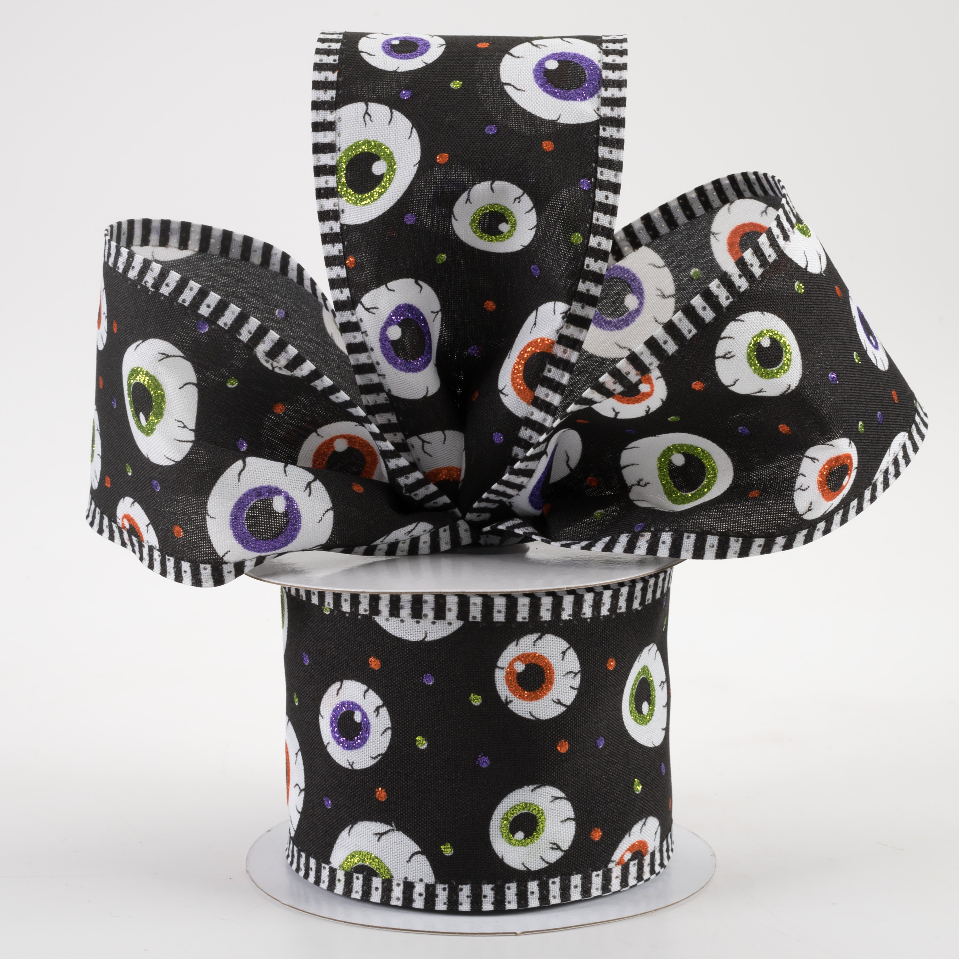 2.5" Eyeballs Stripe Edge Ribbon: Black, Purple, Lime, Orange (10 Yards) Lifestyle Photo
