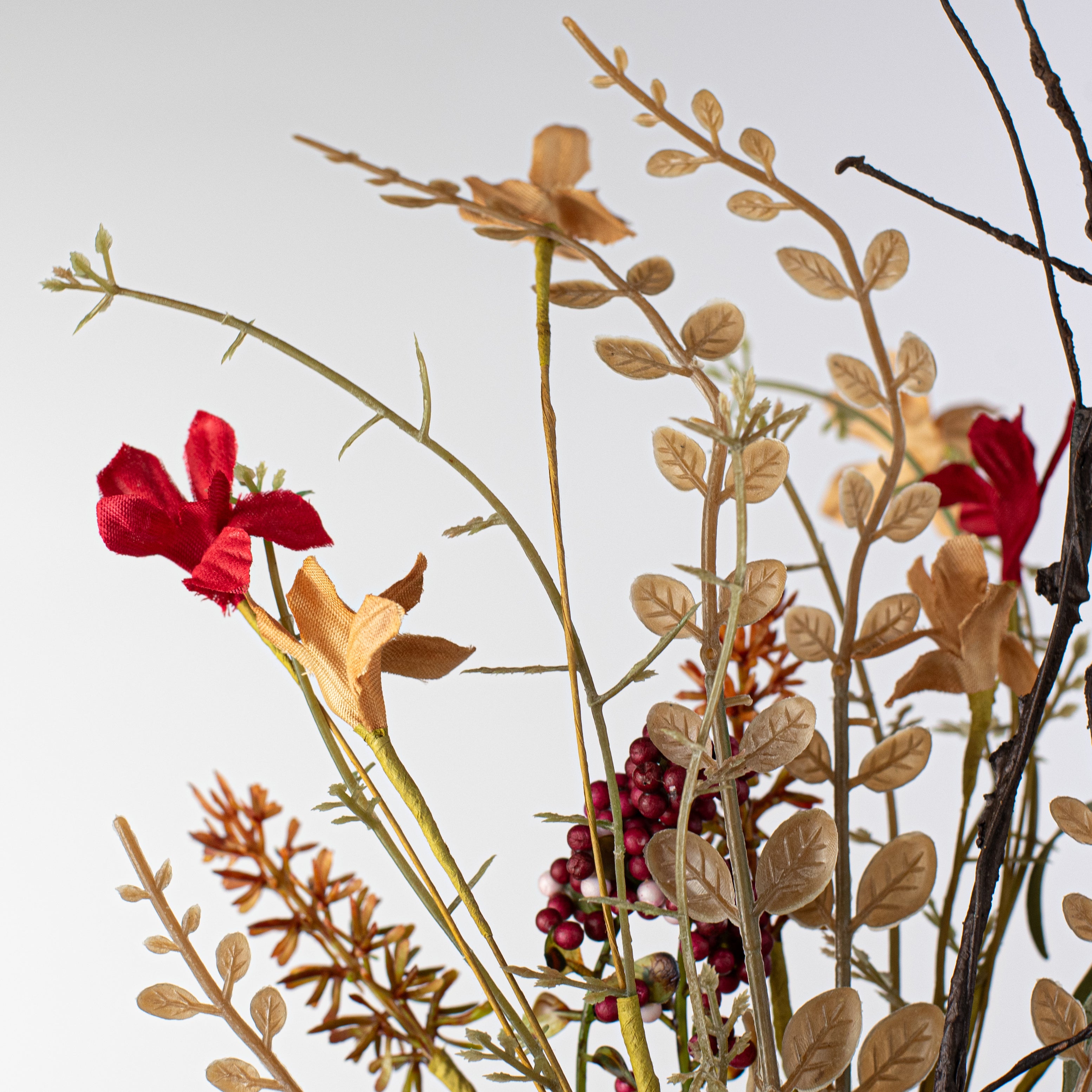 24" Fabric Flower, Leaf, Berry Spray: Coffee Brown & Red Lifestyle Photo