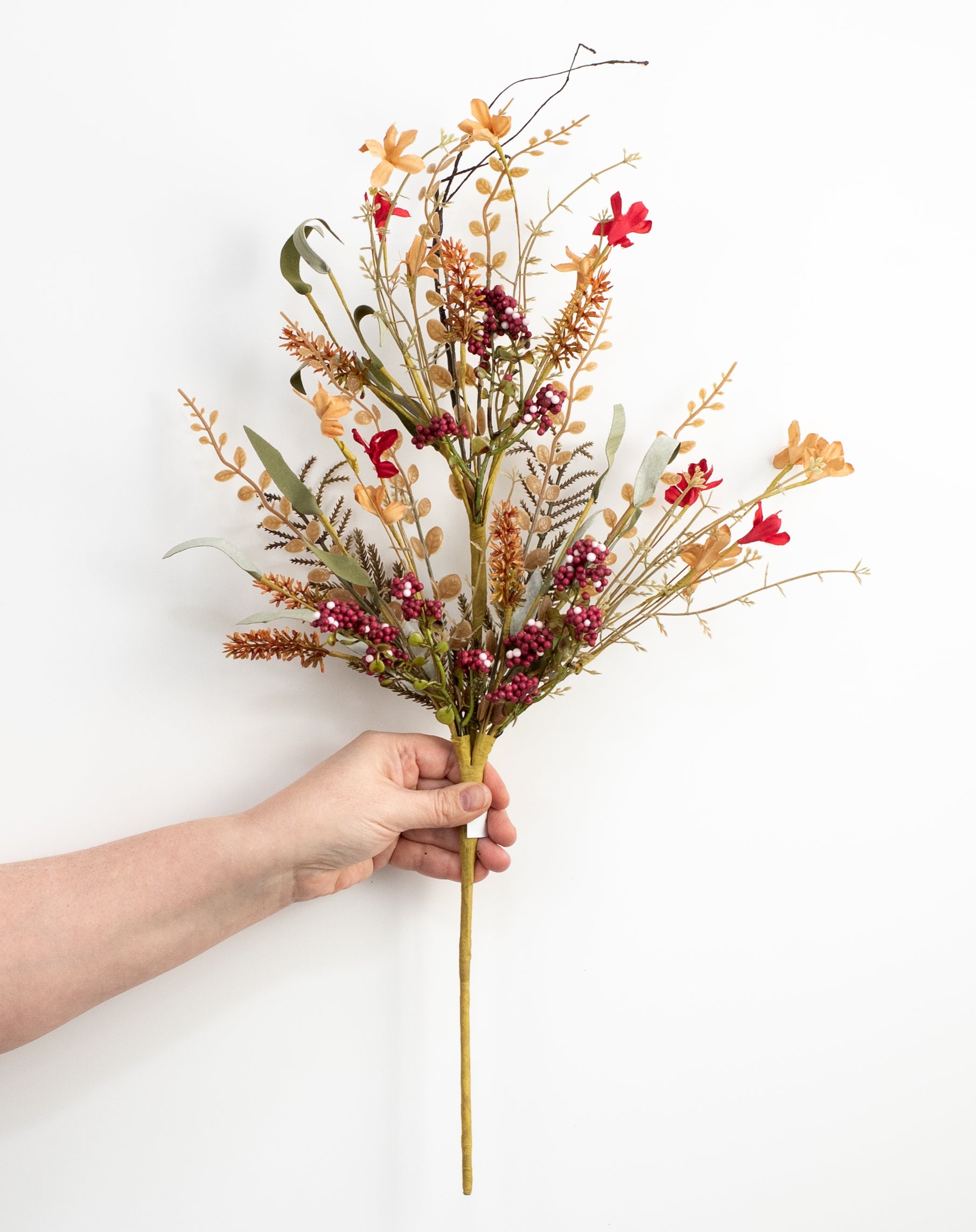 24" Fabric Flower, Leaf, Berry Spray: Coffee Brown & Red detail photo 3