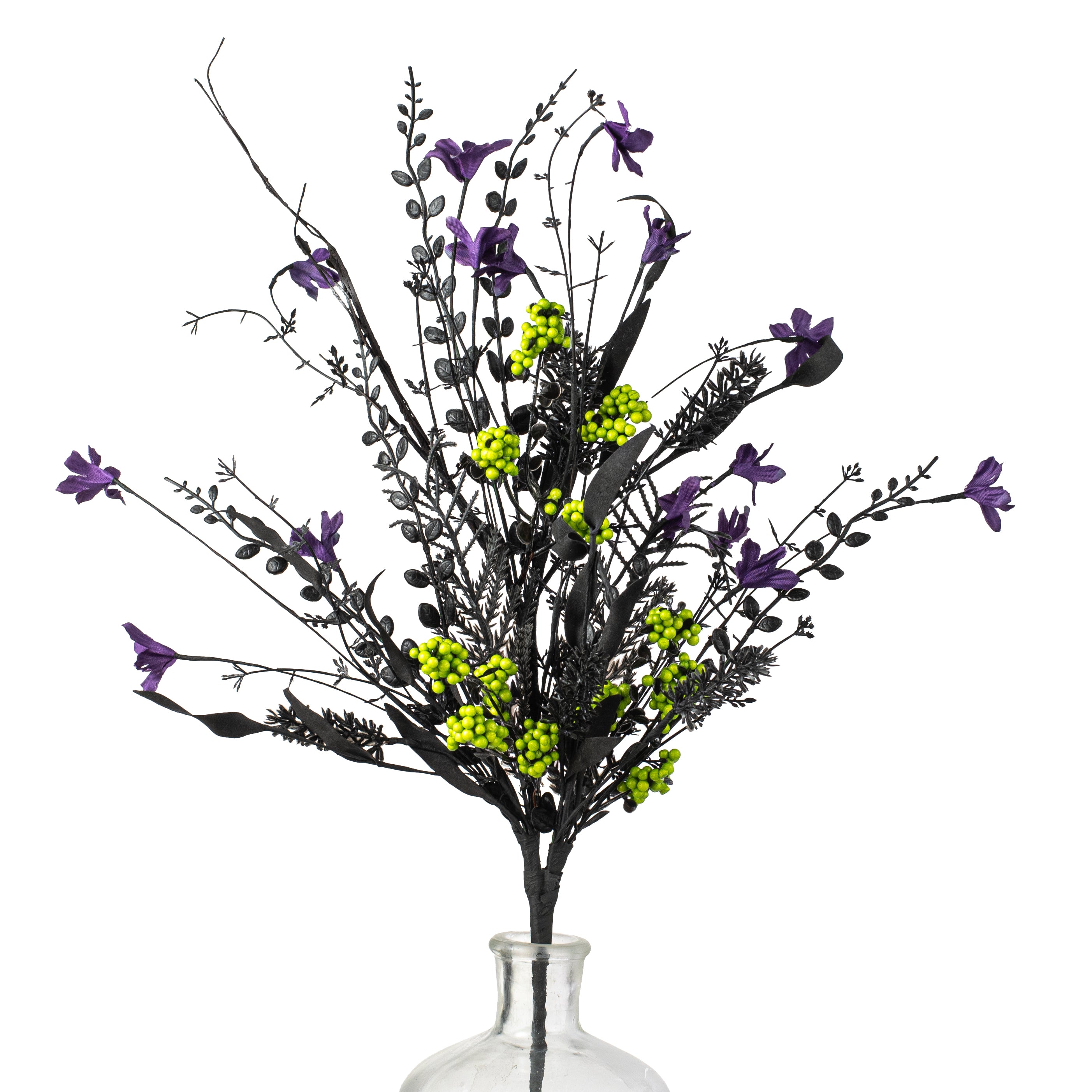 24" Fabric Flower, Leaf, Berry Spray: Purple, Lime Green & Black Item Number: FH807176