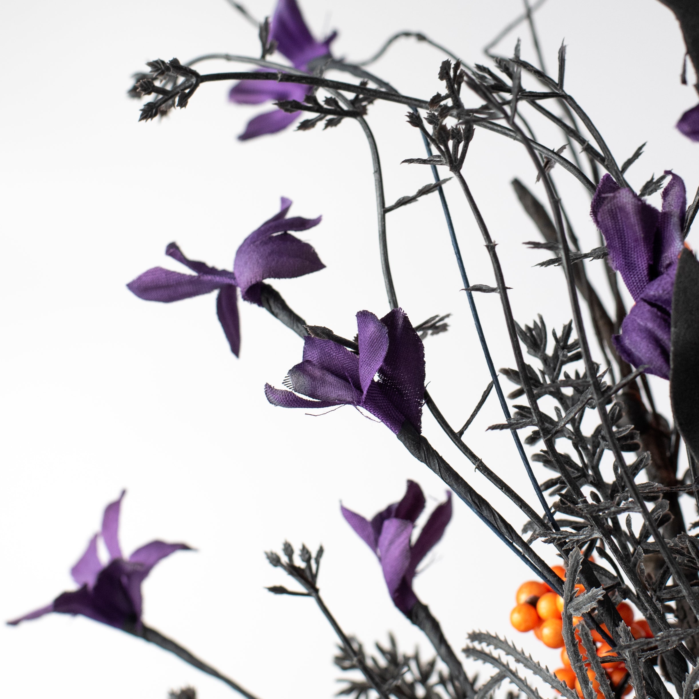 24" Fabric Flower, Leaf, Berry Spray: Purple, Orange & Black detail photo 4