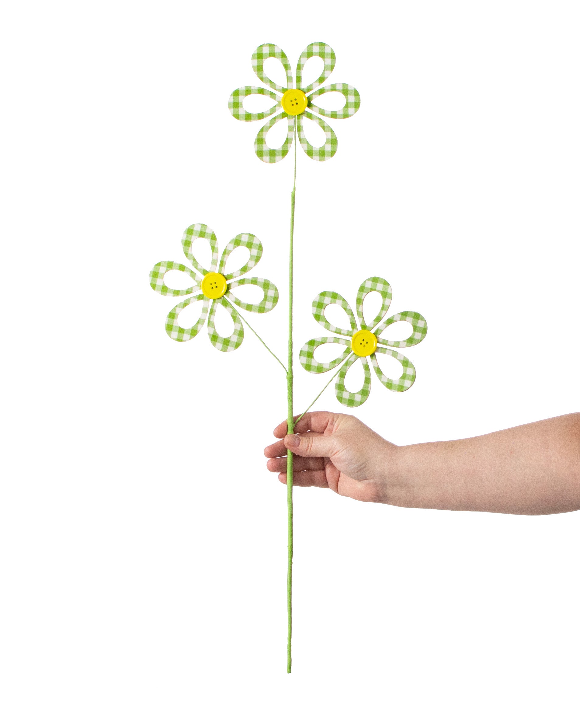 26" Fabric Hollow Gingham Flower Spray: Green, White, Yellow detail photo 3