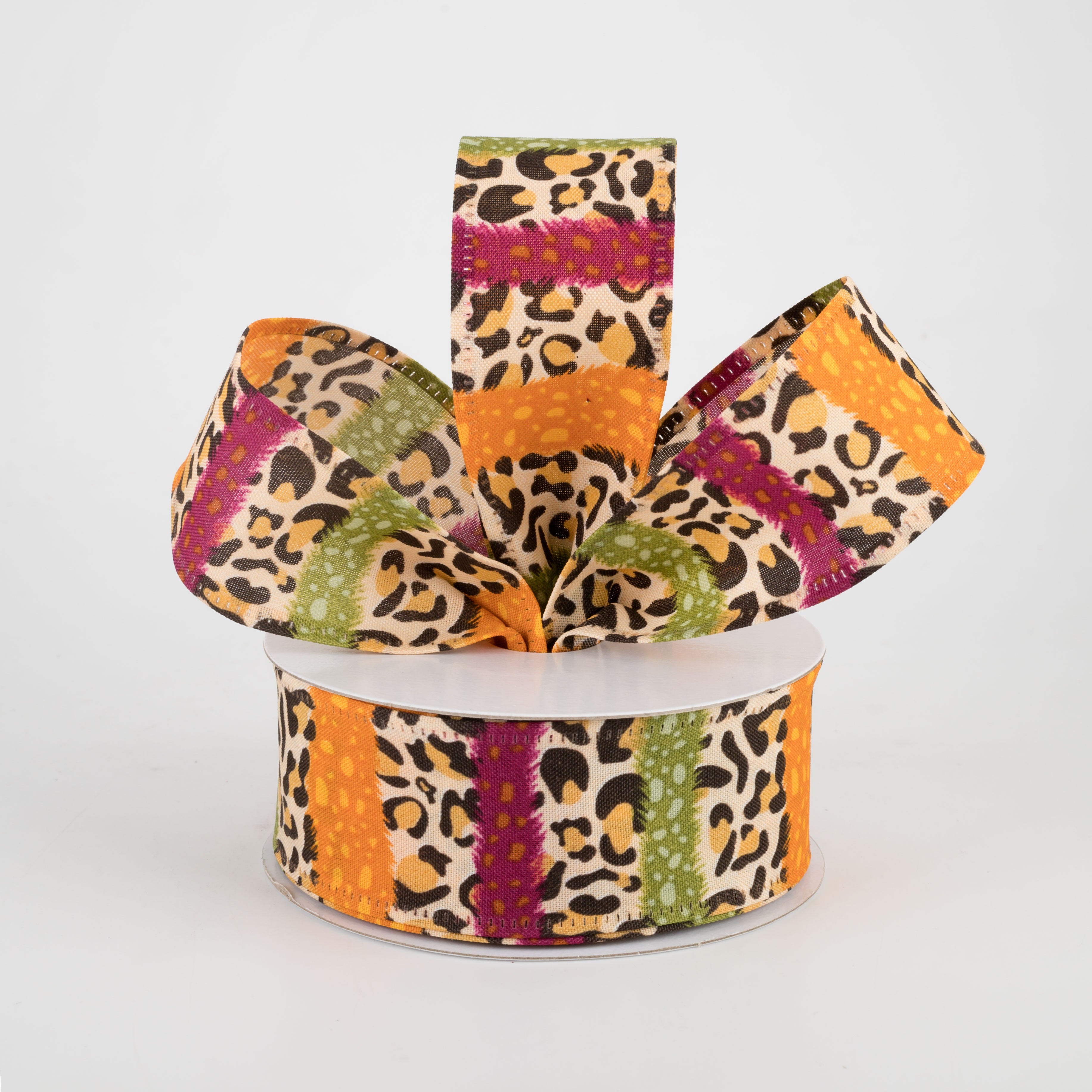 1.5" Fall Cheetah Stripes Ribbon: Burgundy, Moss, Orange (10 Yards) Lifestyle Photo