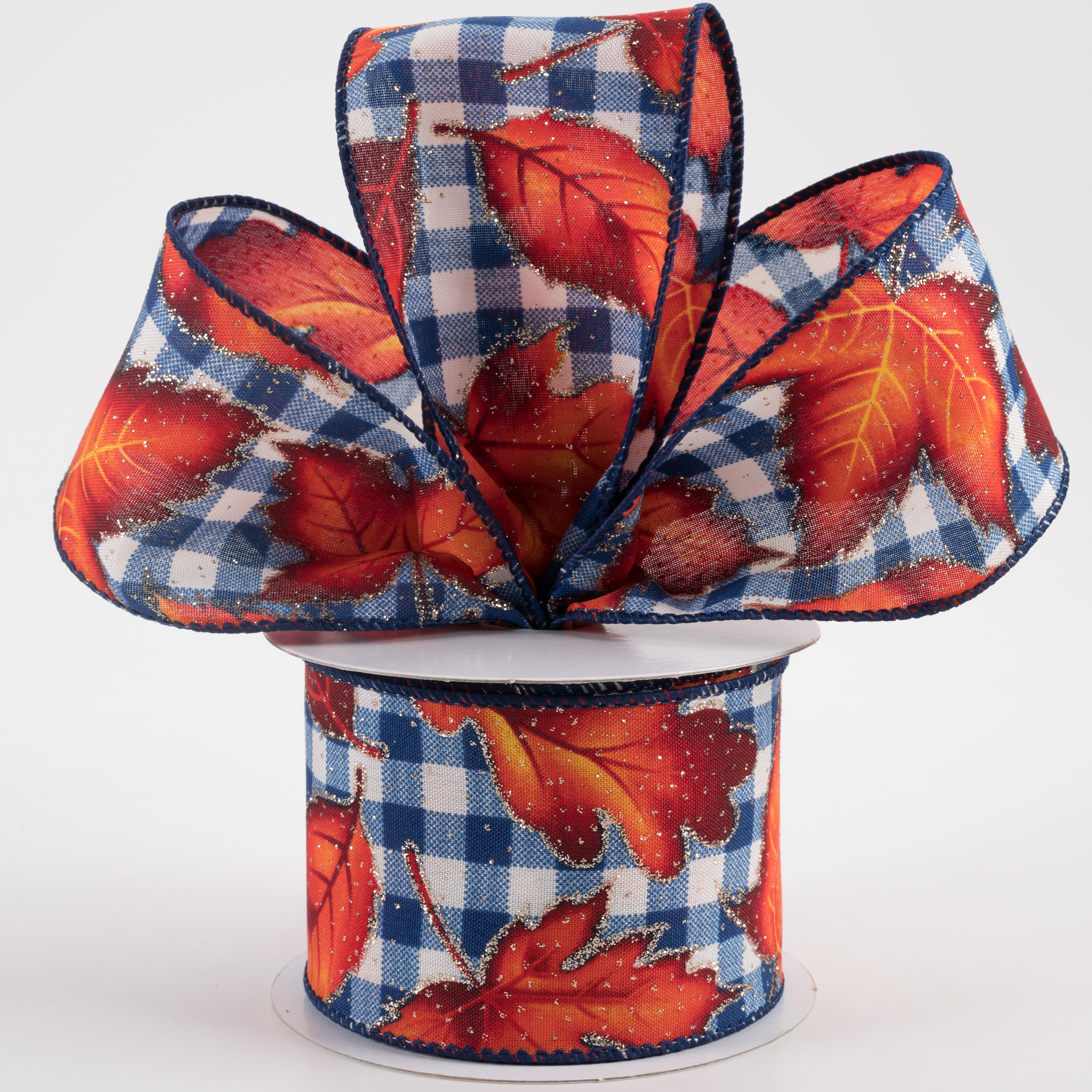 2.5" Fall Leaves on Blue Checks Ribbon (10 Yards) Lifestyle Photo