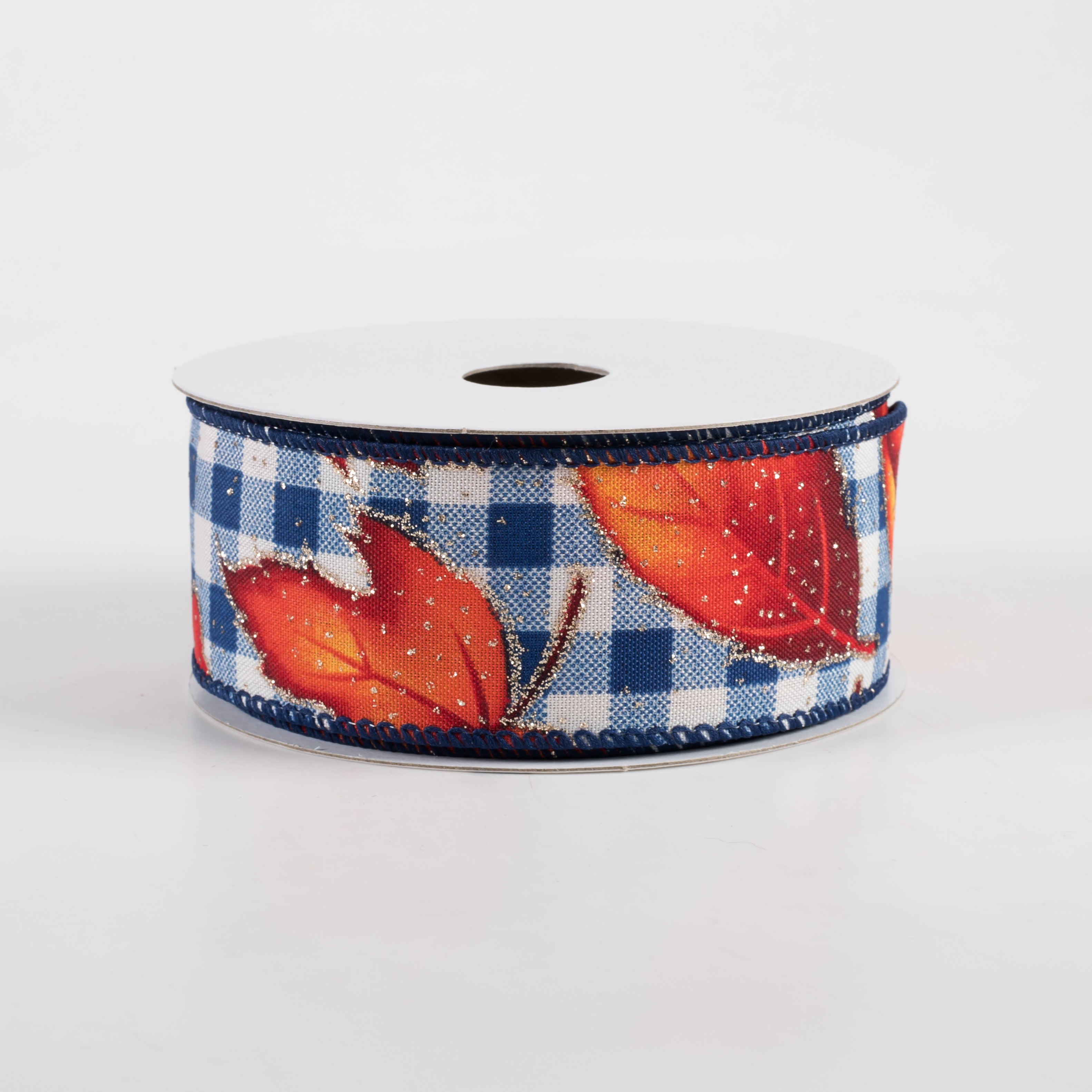 1.5" Fall Leaves on Blue Checks Ribbon (10 Yards)