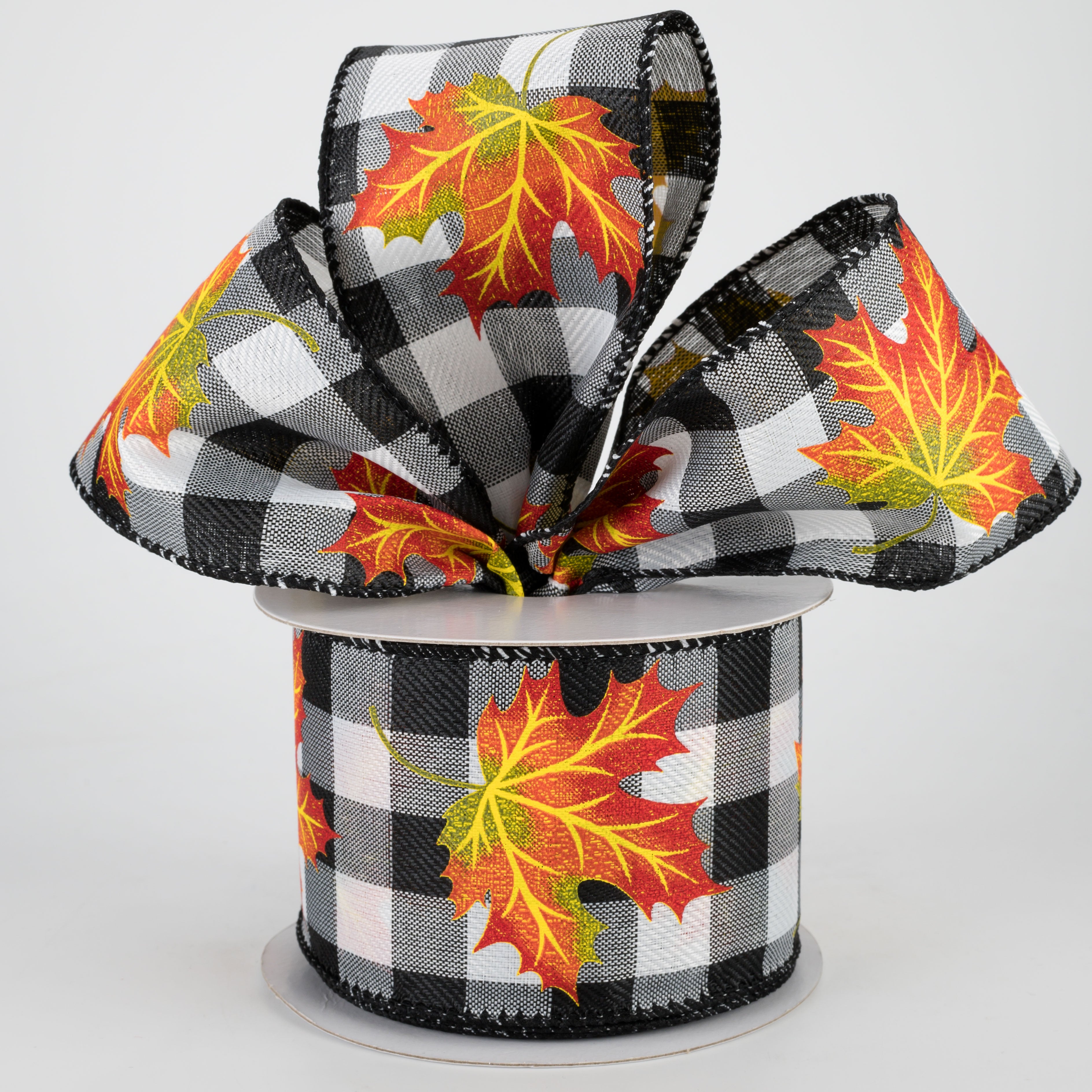 2.5" Fall Leaves Ribbon: Black & White Check (10 Yards) Lifestyle Photo