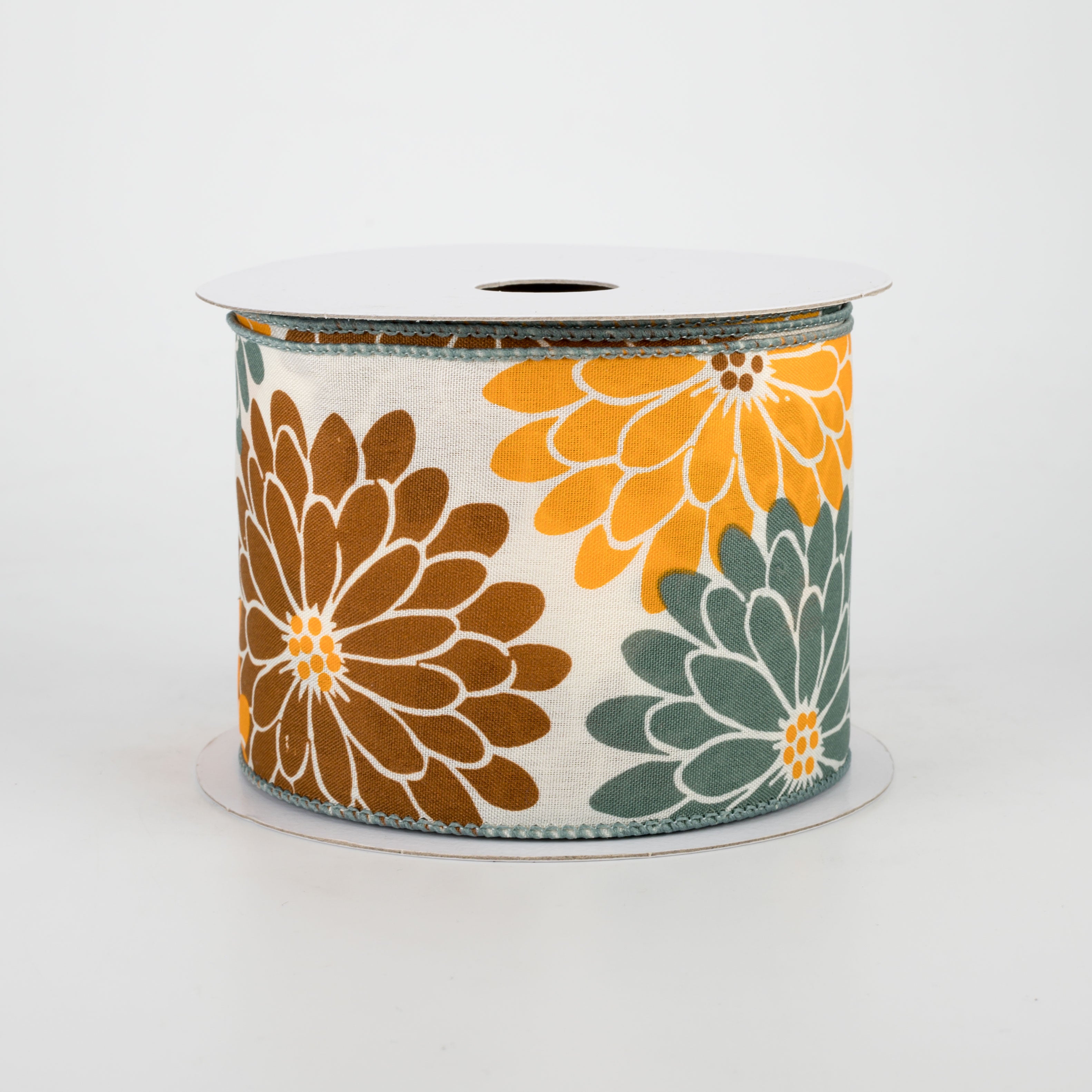 2.5" Fall Mums Ribbon: Ivory, Brown, Blue, Orange (10 Yards)