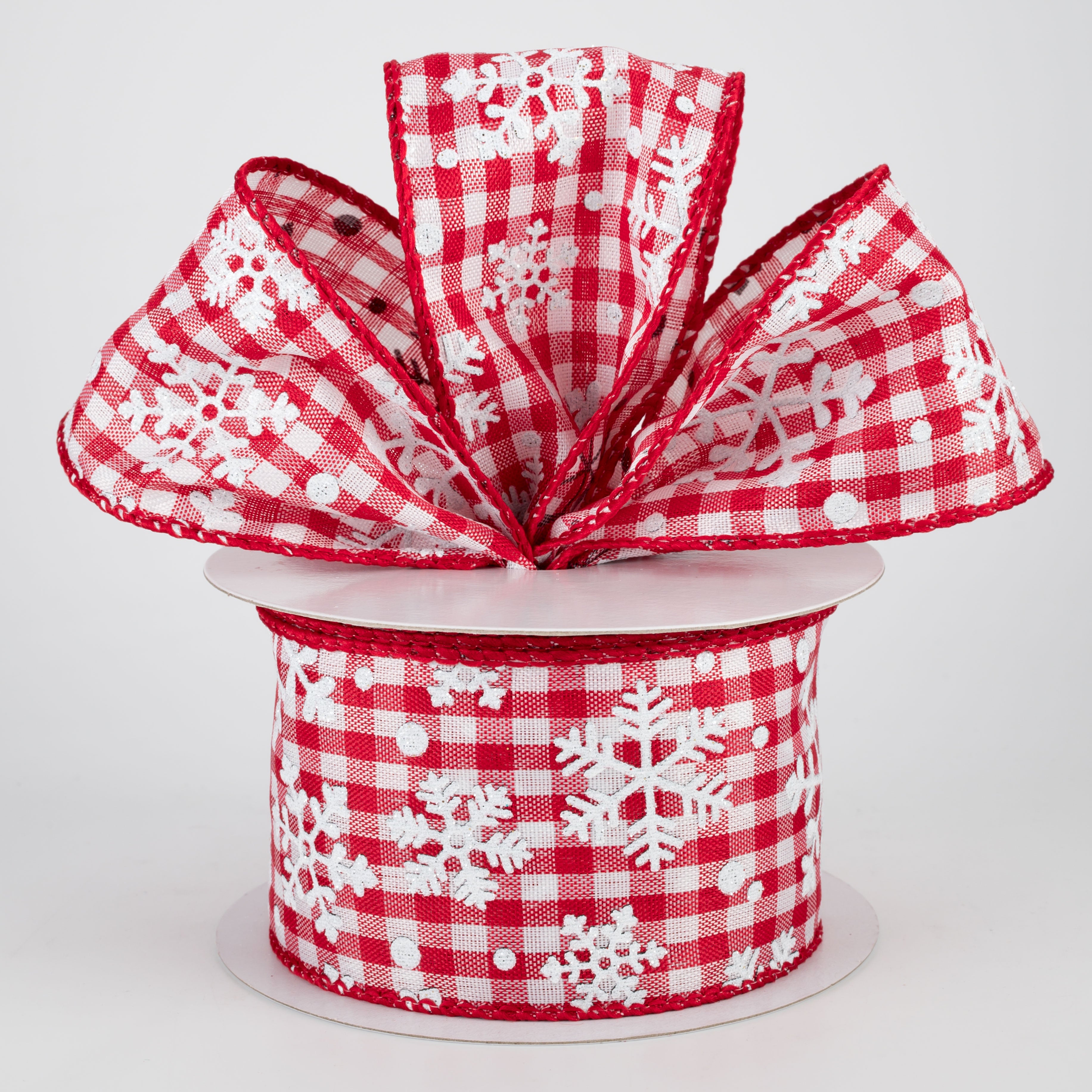 2.5" Falling Snow Check Ribbon: Red & White (10 Yards) Lifestyle Photo