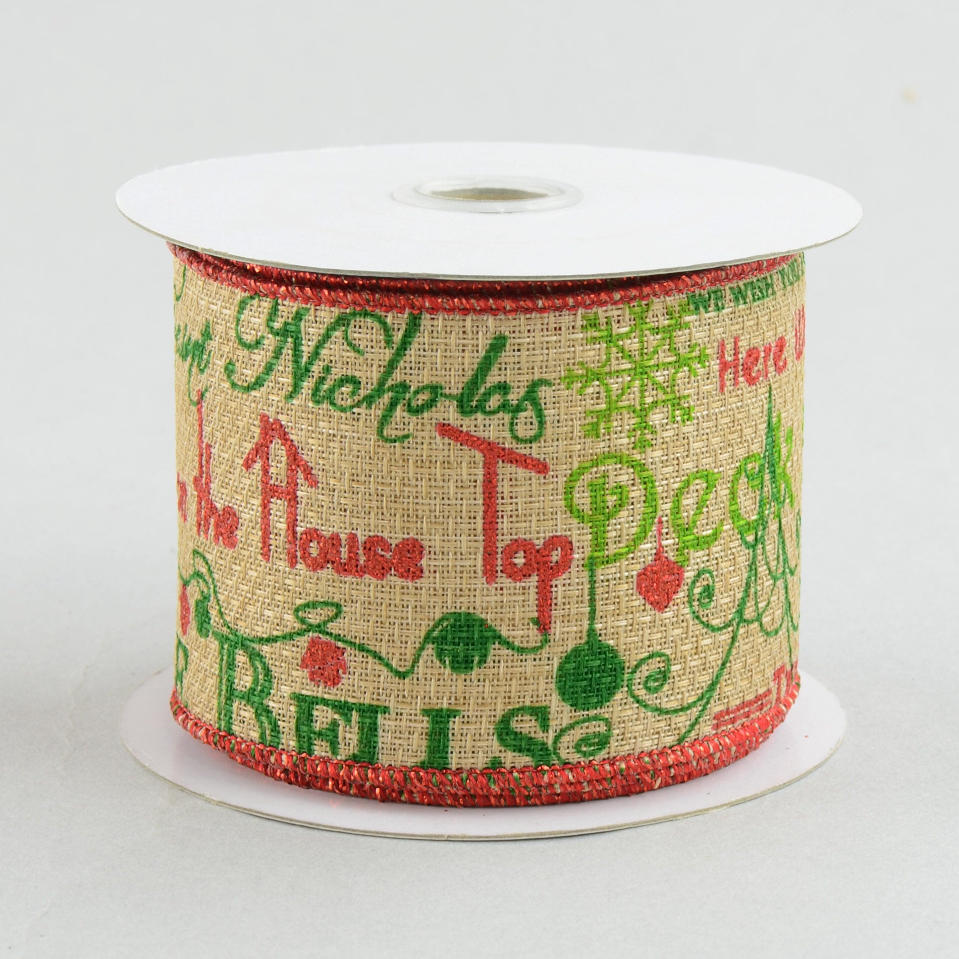 2.5" Faux Burlap Christmas Songs Ribbon: Red & Green (10 Yards)