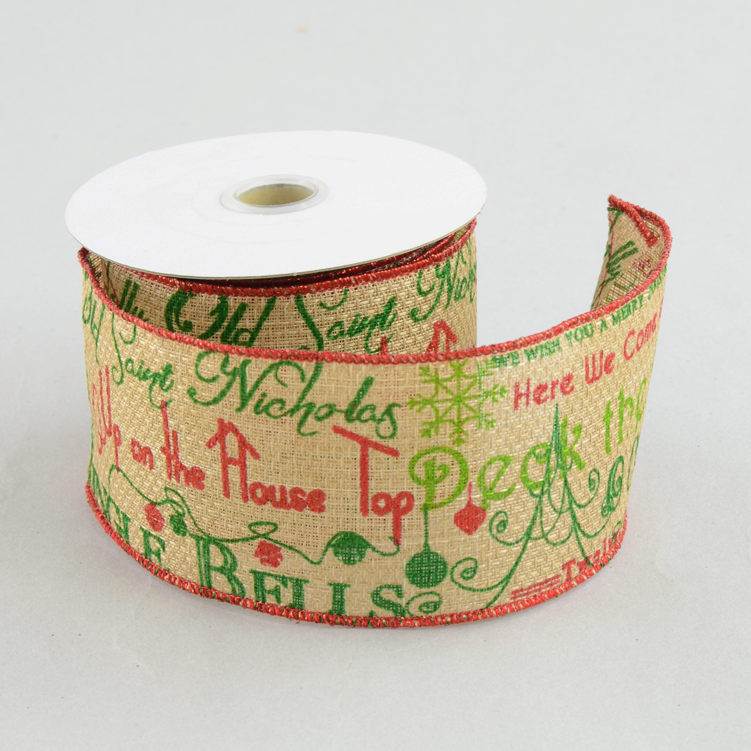 2.5" Faux Burlap Christmas Songs Ribbon: Red & Green (10 Yards) detail photo 3