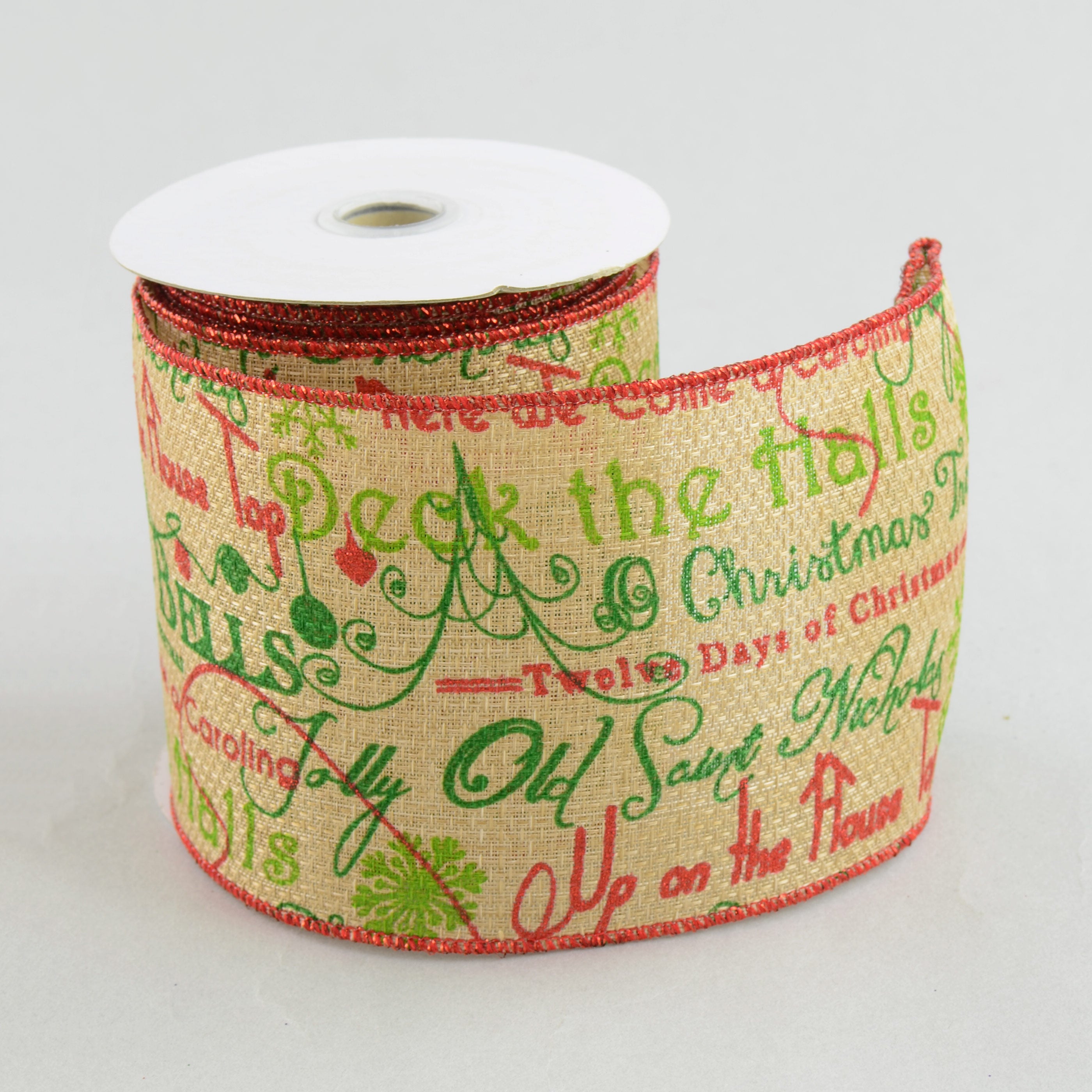 4" Faux Burlap Christmas Songs Ribbon: Red & Green (10 Yards) detail photo 3