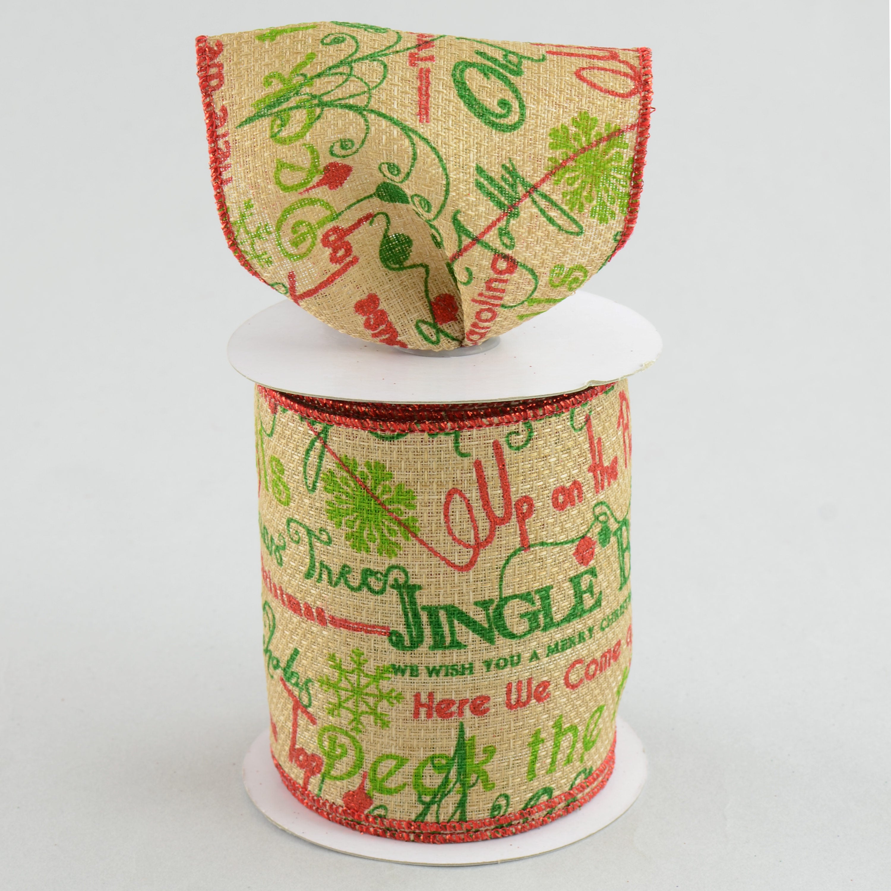 4" Faux Burlap Christmas Songs Ribbon: Red & Green (10 Yards) Lifestyle Photo