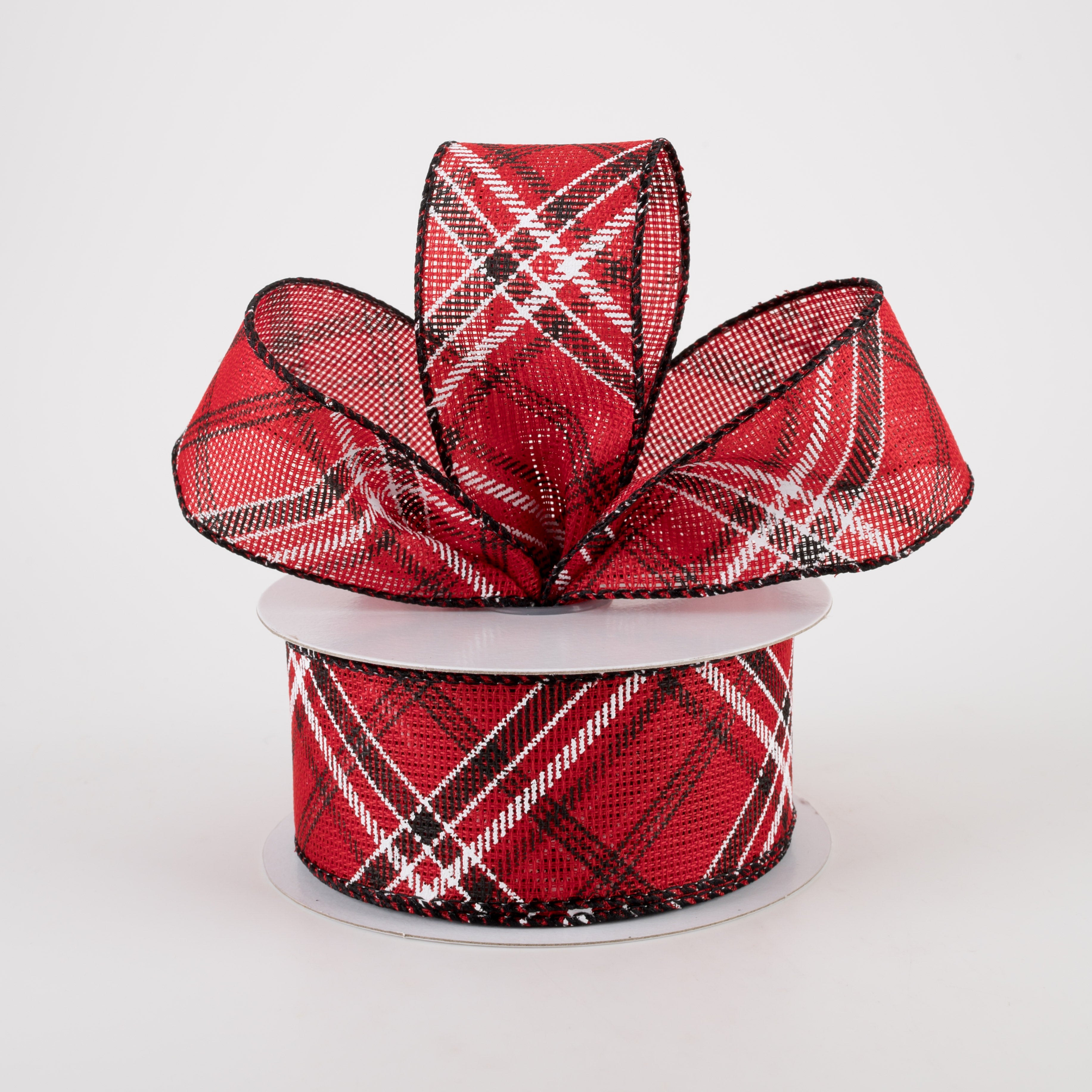 1.5" Faux Burlap Diagonal Plaid Ribbon: Red & Black (10 Yards) Lifestyle Photo