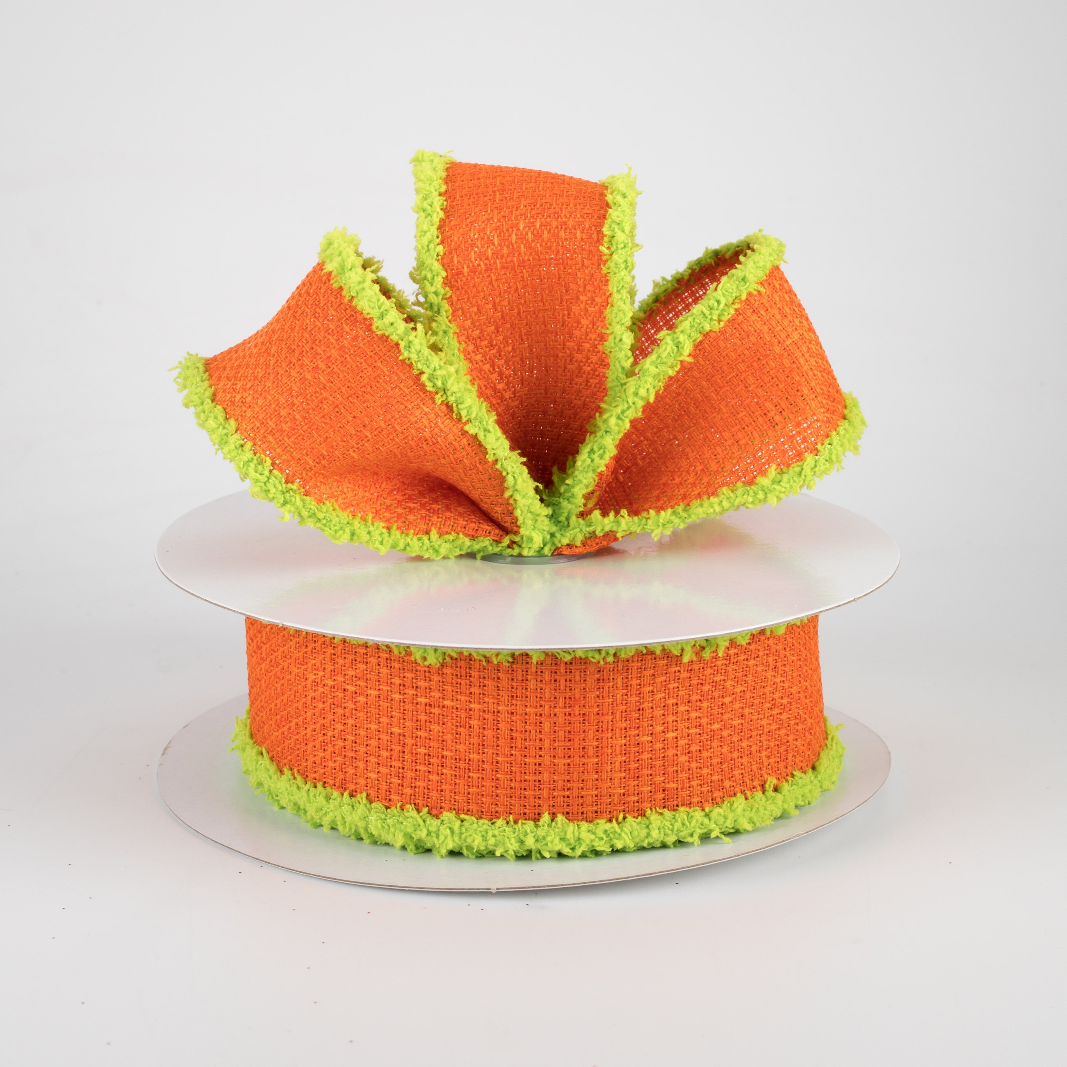 1.5" Faux Burlap Fuzzy Edge Ribbon: Orange & Lime (10 Yards) Lifestyle Photo