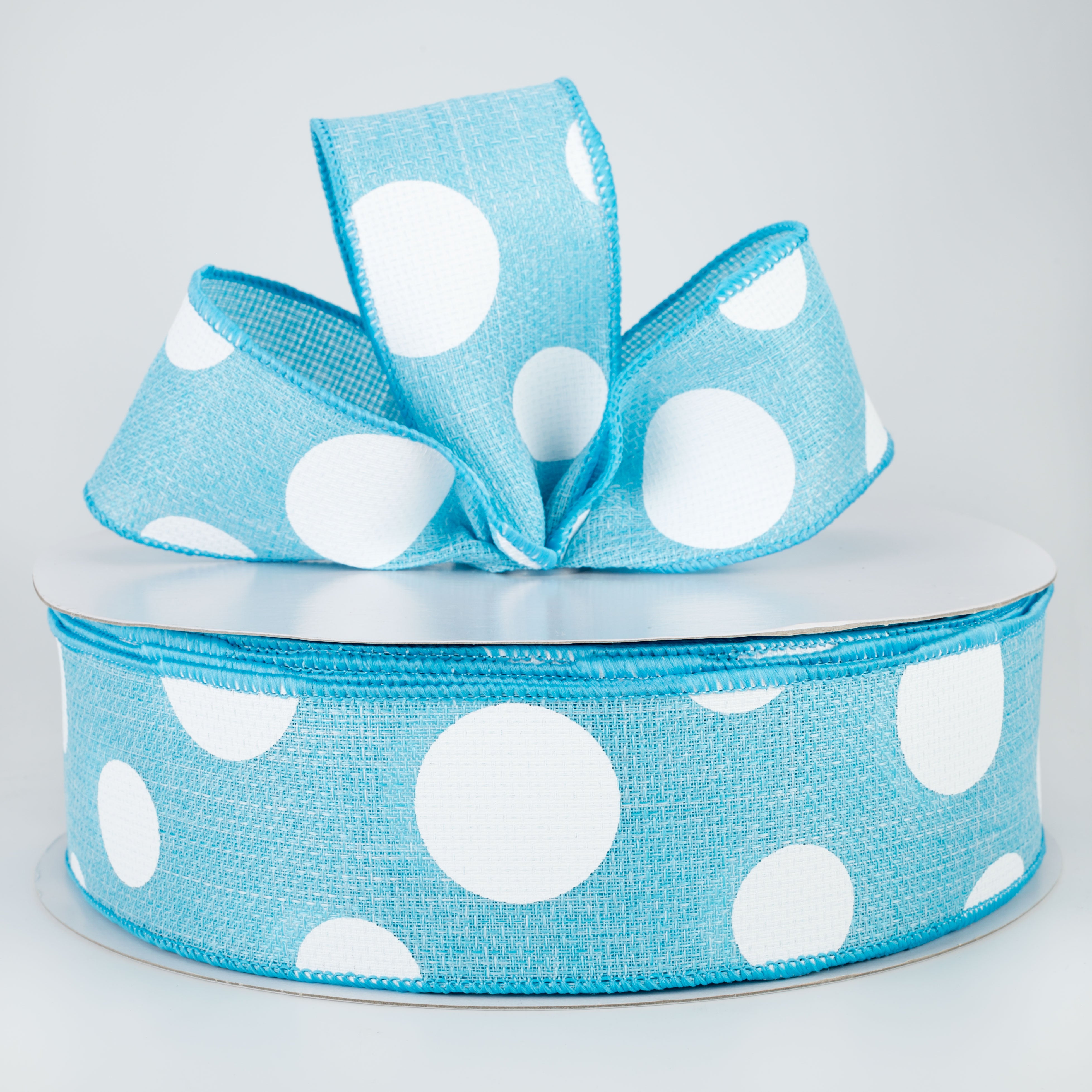 2.5" Faux Burlap Giant Polka Dot Ribbon: Light Blue & White (50 Yards) Lifestyle Photo